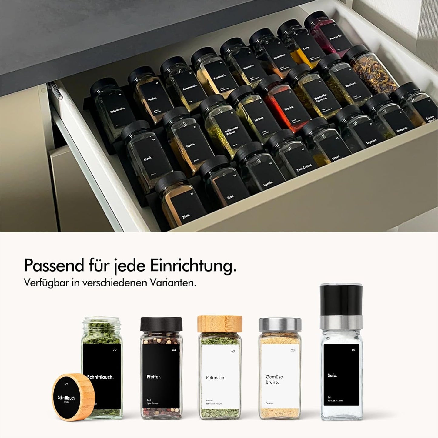 Gewürzregal mit 24 Gläsern und Etiketten, Schwarzer Deckel (Gläser + Regal)