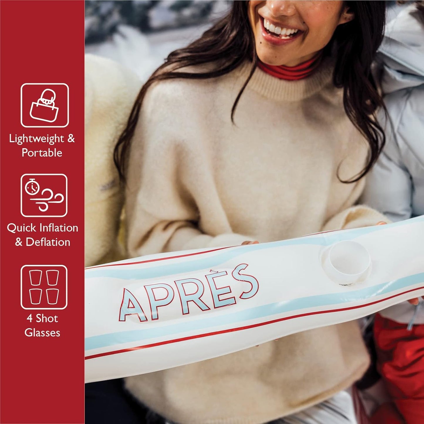 Aufblasbares Shot Board Ski mit 4 Schnapsbecher, Weisse Apres, einzeln Single