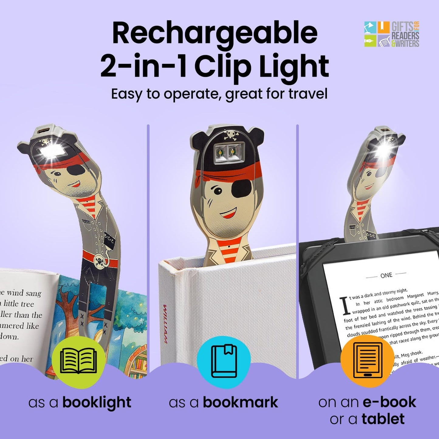 Flexilight 2-in-1 Clip On Leselampe & Lesezeichen, wiederaufladbar, Pirat