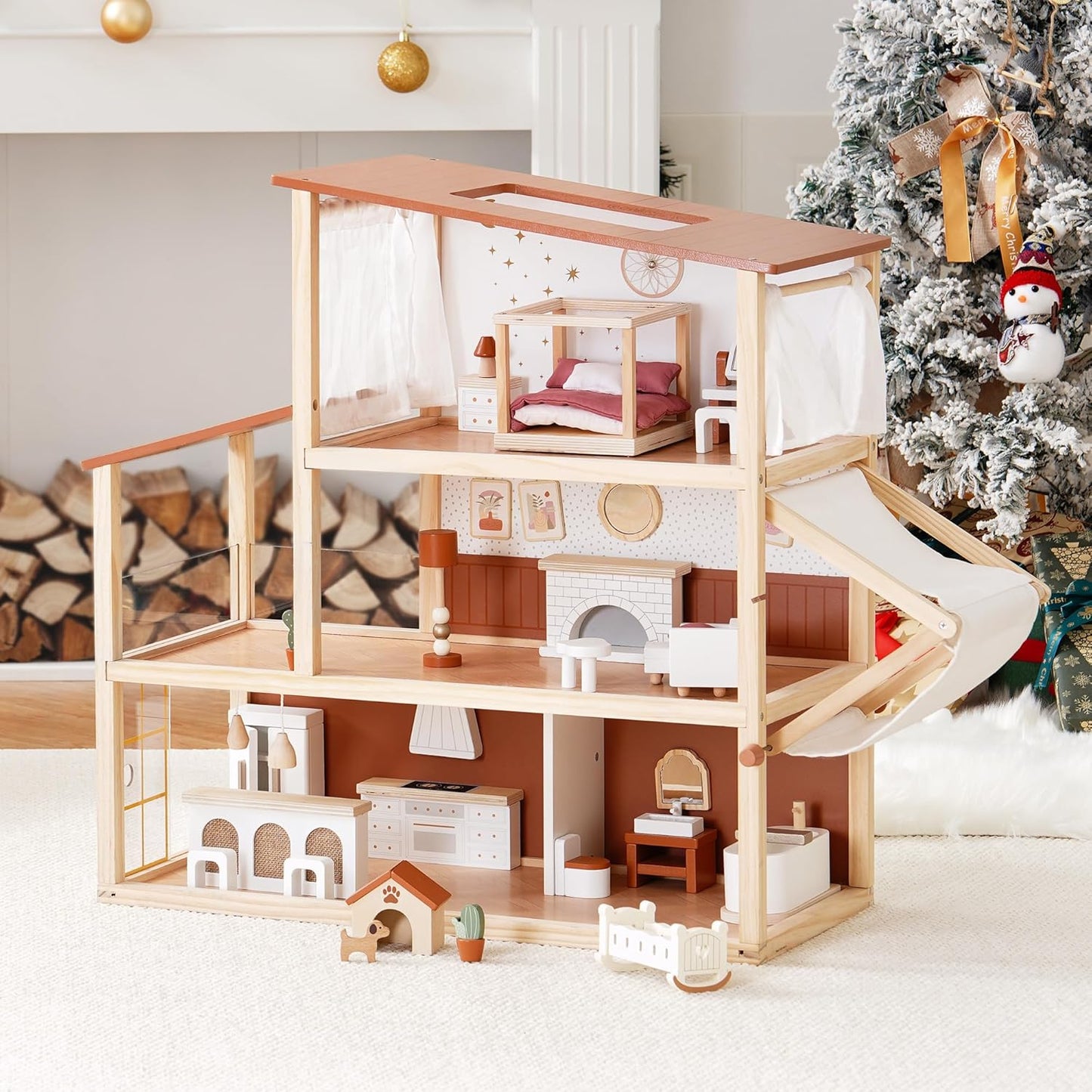 3-stöckiges Puppenhaus mit Zubehör und Möbeln