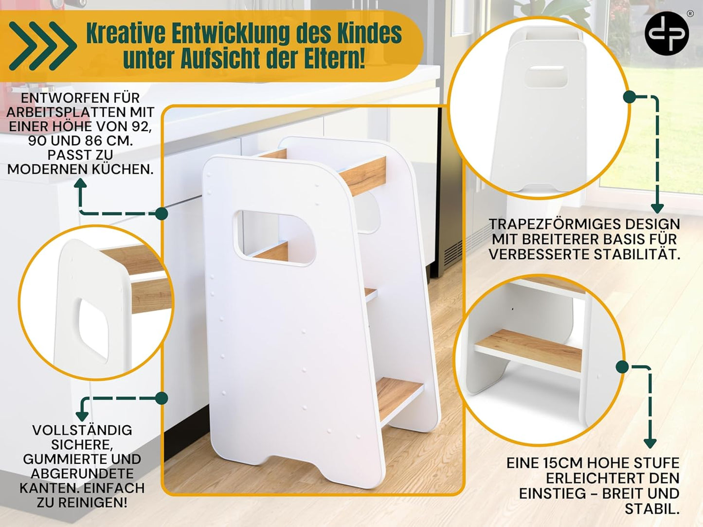 Höhenverstellbarer Lernturm mit Kippschutz, Weiß + Eiche