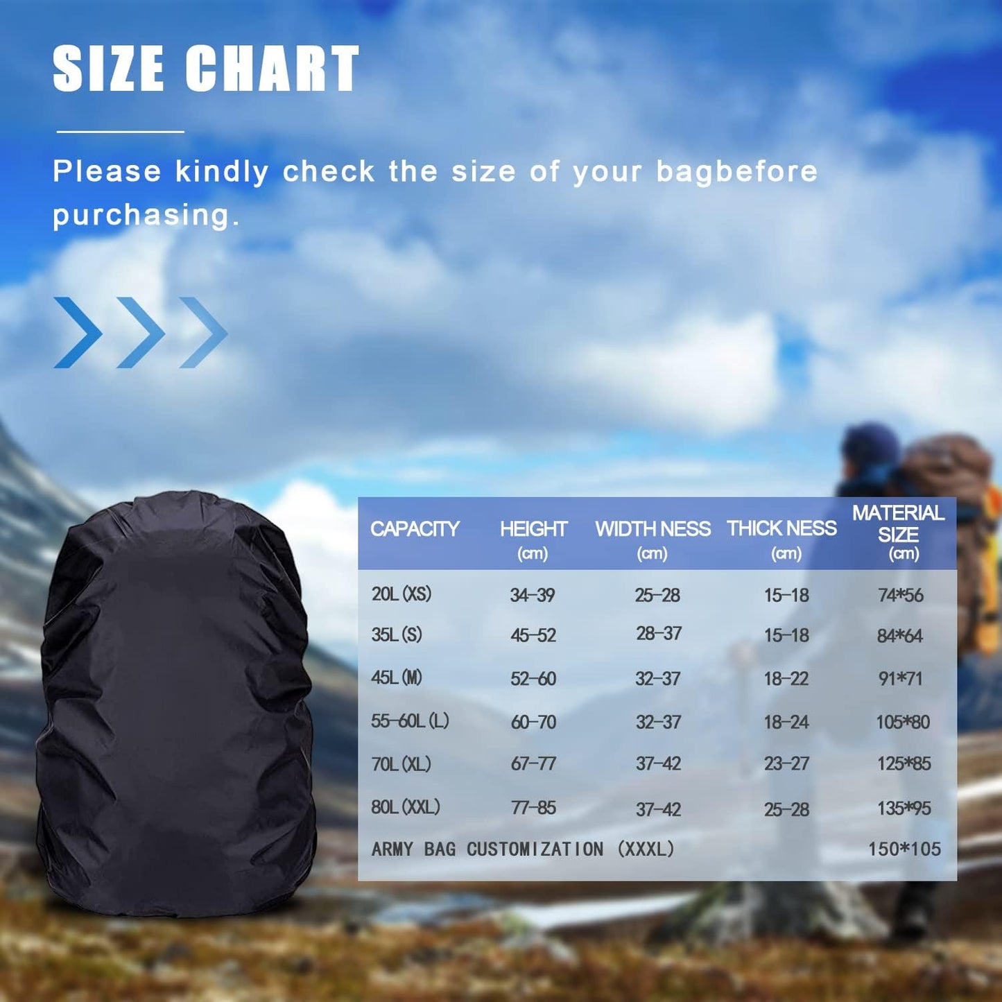 Rucksack-Regenschutz für grosse Rucksäcke, Schwarz/Black XXXL