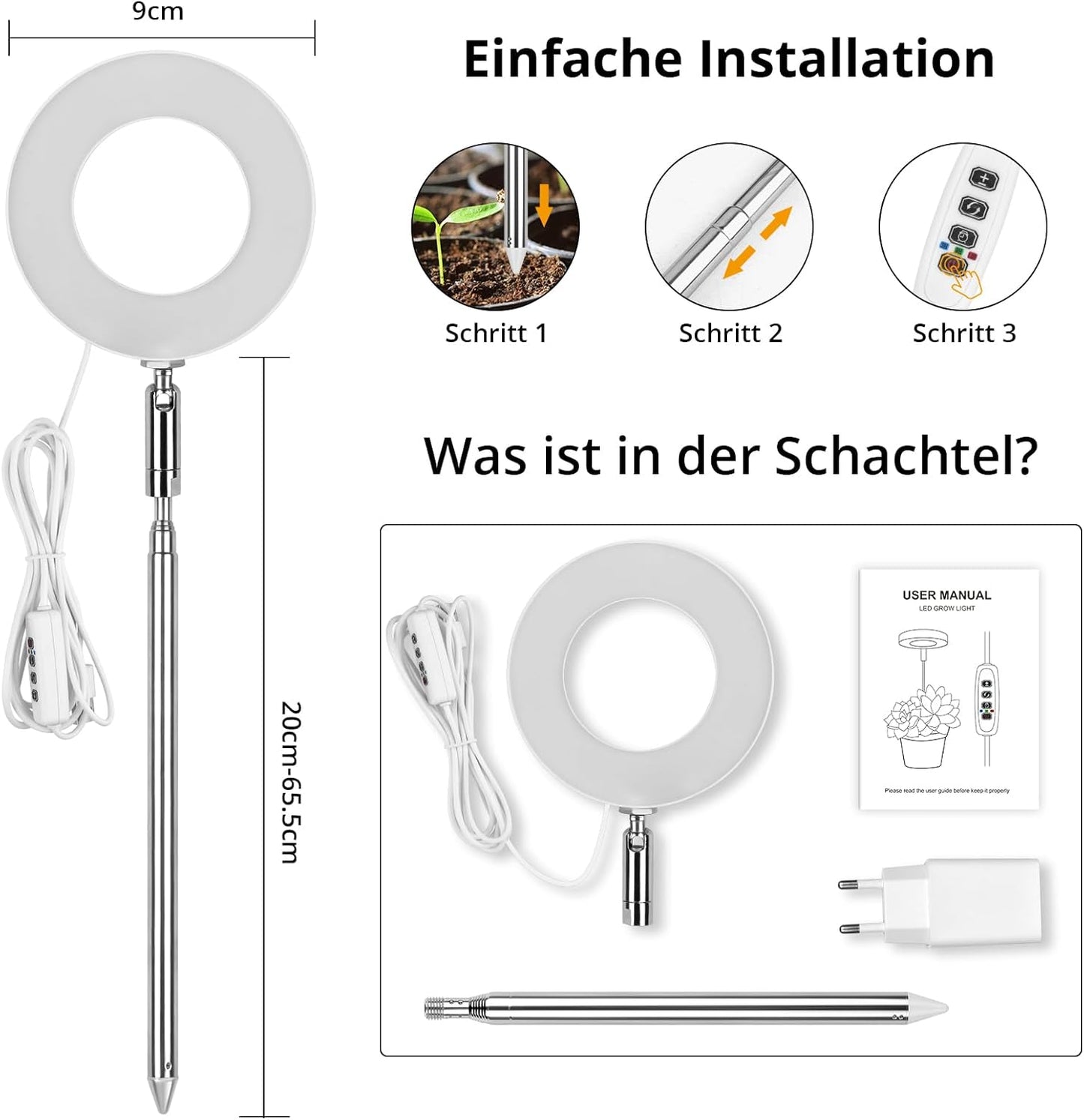 LED Pflanzenlampe Vollspektrum mit Timer und Dimmfunktion, Kleine Halo Pflanzenlampe 1 Packung