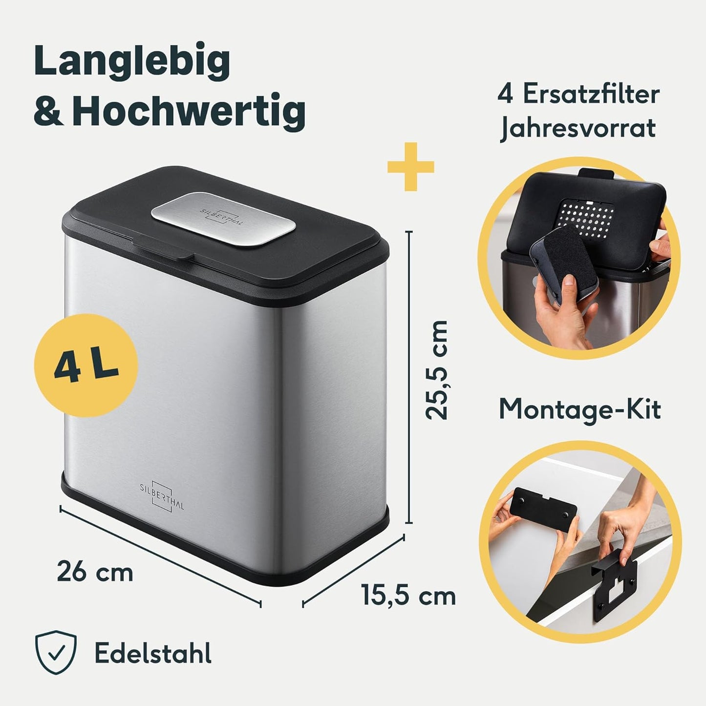 Biomülleimer mit Aktivkohlefilter, Biomülleimer 4 Liter