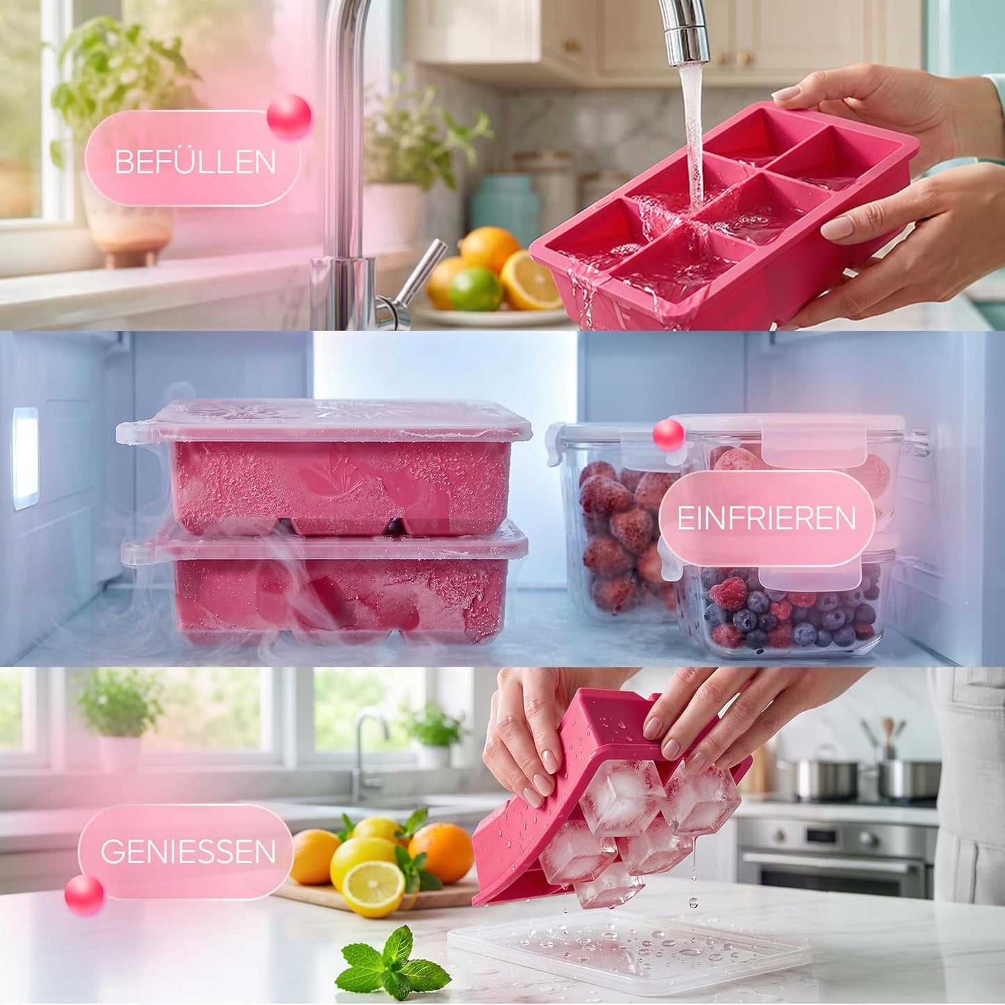Eiswürfelform mit Deckel, 2er-Set, Pink 02x Würfel