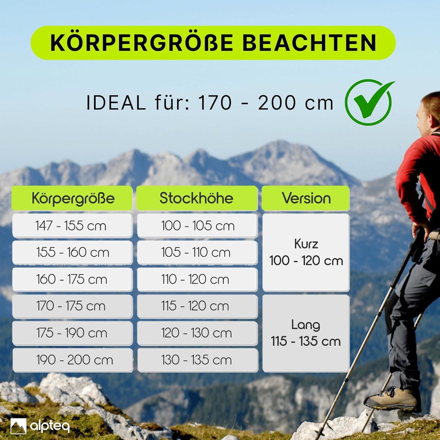 Faltbare Trekkingstöcke mit Korkgriff, Aluminium 115-135 cm | Lime Green
