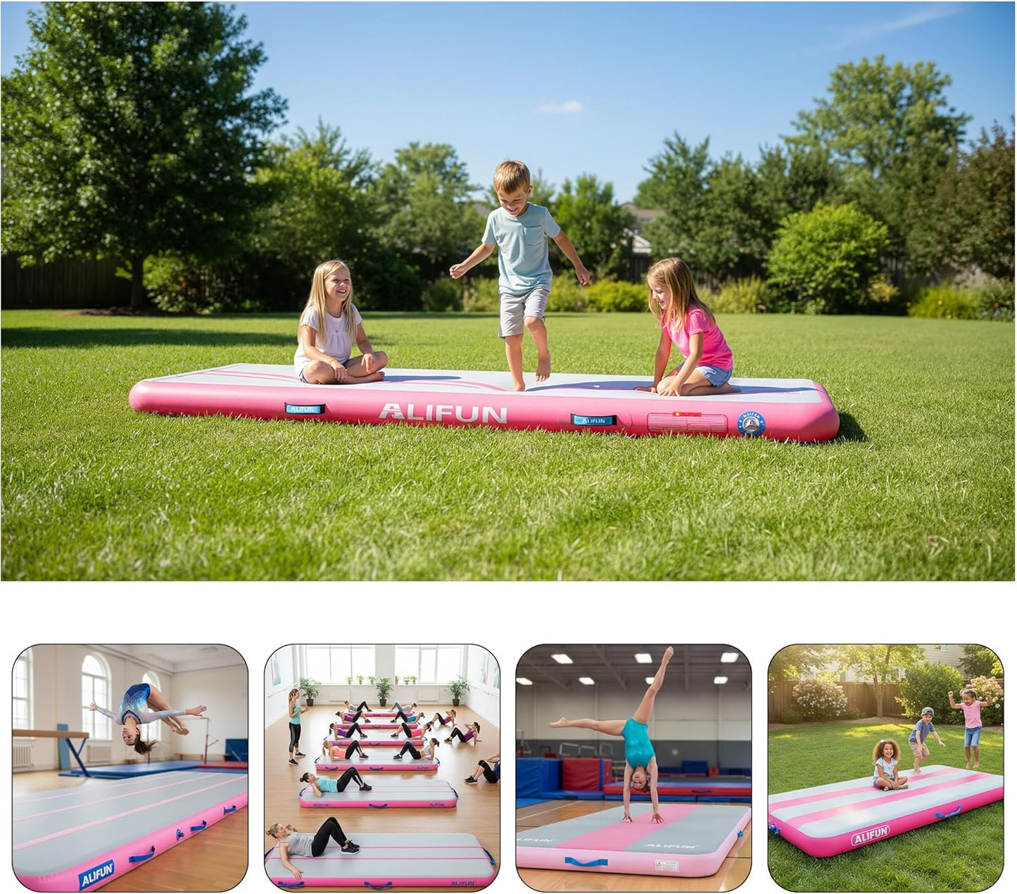 Aufblasbare Gymnastik-Tumbling-Matte mit Luftpumpe, LightPink 300*100*15 cm