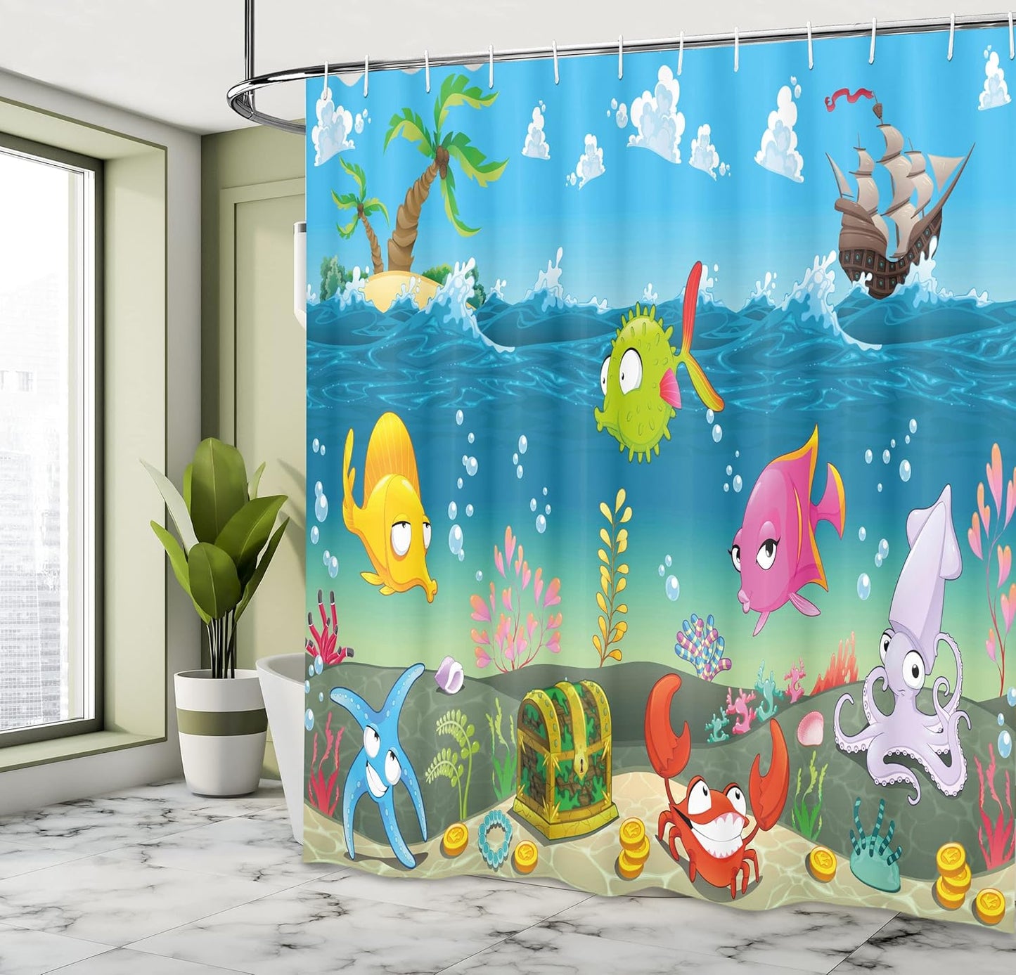 Cartoon Duschvorhang mit Meerestiere Unterwasser Motiven, H240 x B175 cm (1er Pack) Aqua Rosa