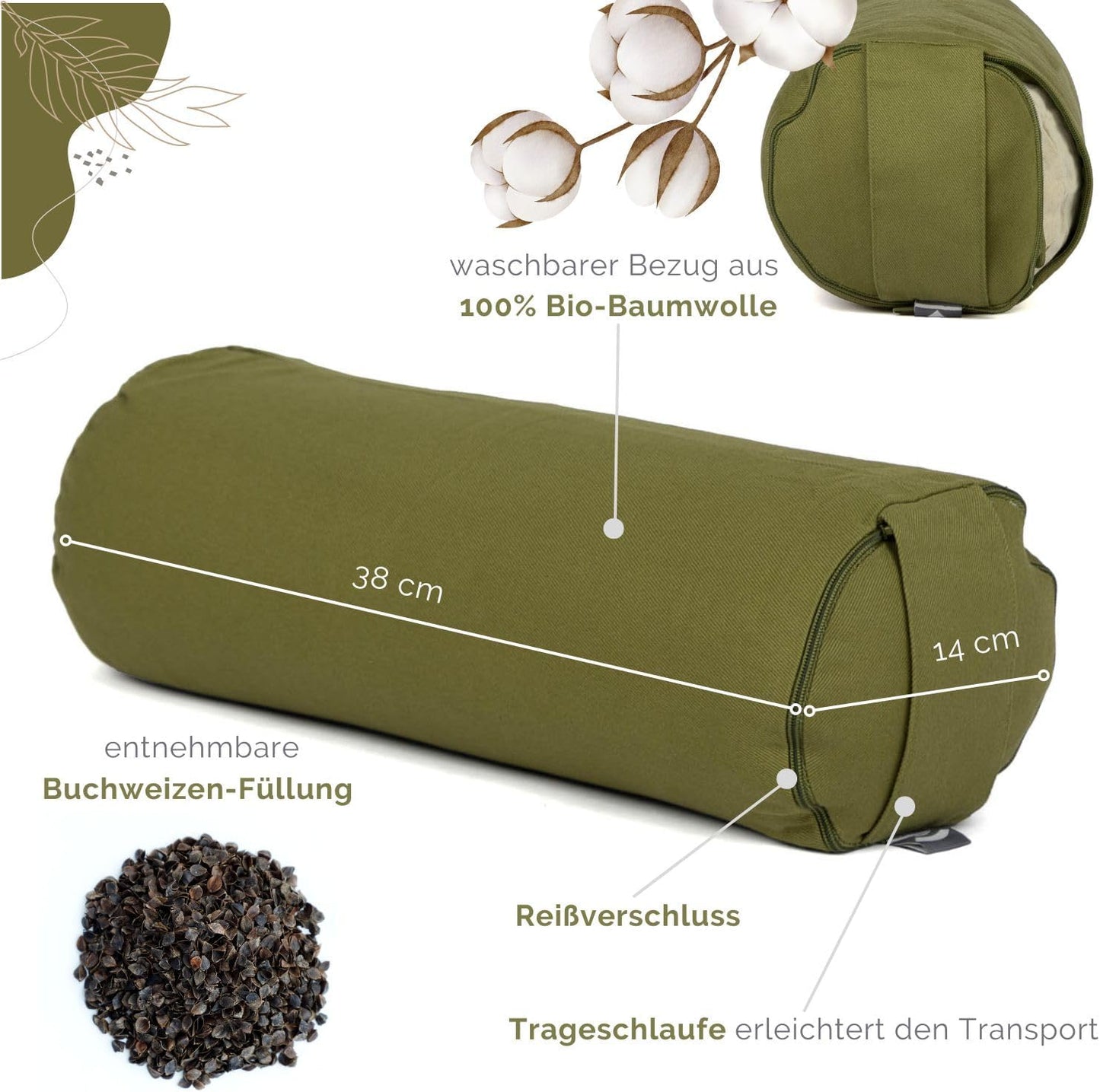 Yoga Mini Bolster ECO mit Buchweizenschalen, Lodengrün