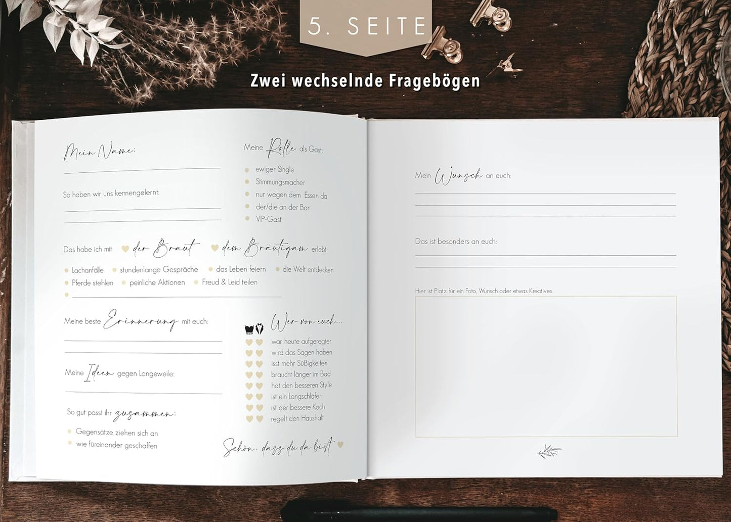 Hochzeit-Gästebuch mit Fragen zum Ausfüllen, mit Fragen Wildflowers/Gold