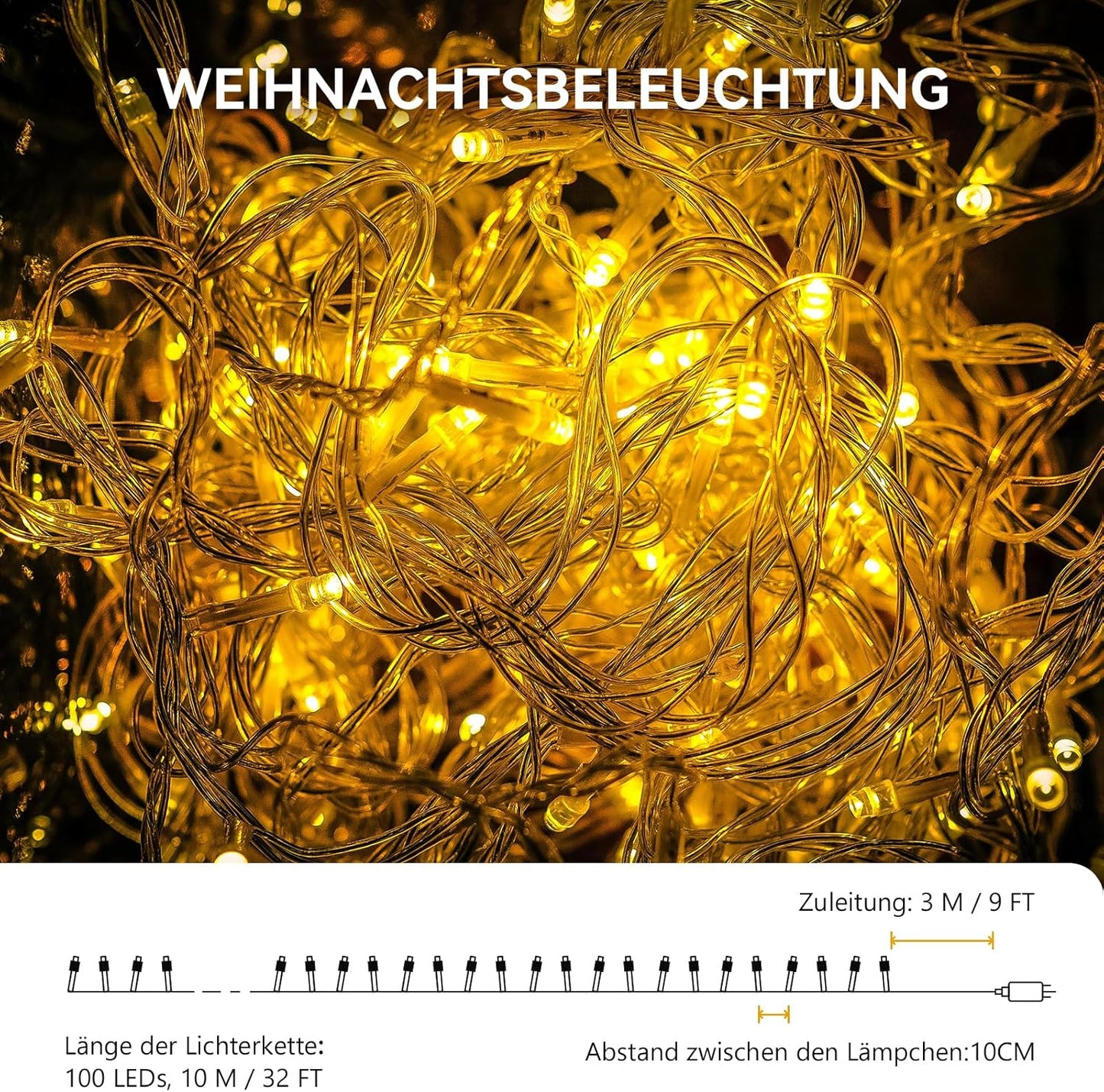 Lichterkette mit Timer, Warmweiss(transparent) / 10M/100LED