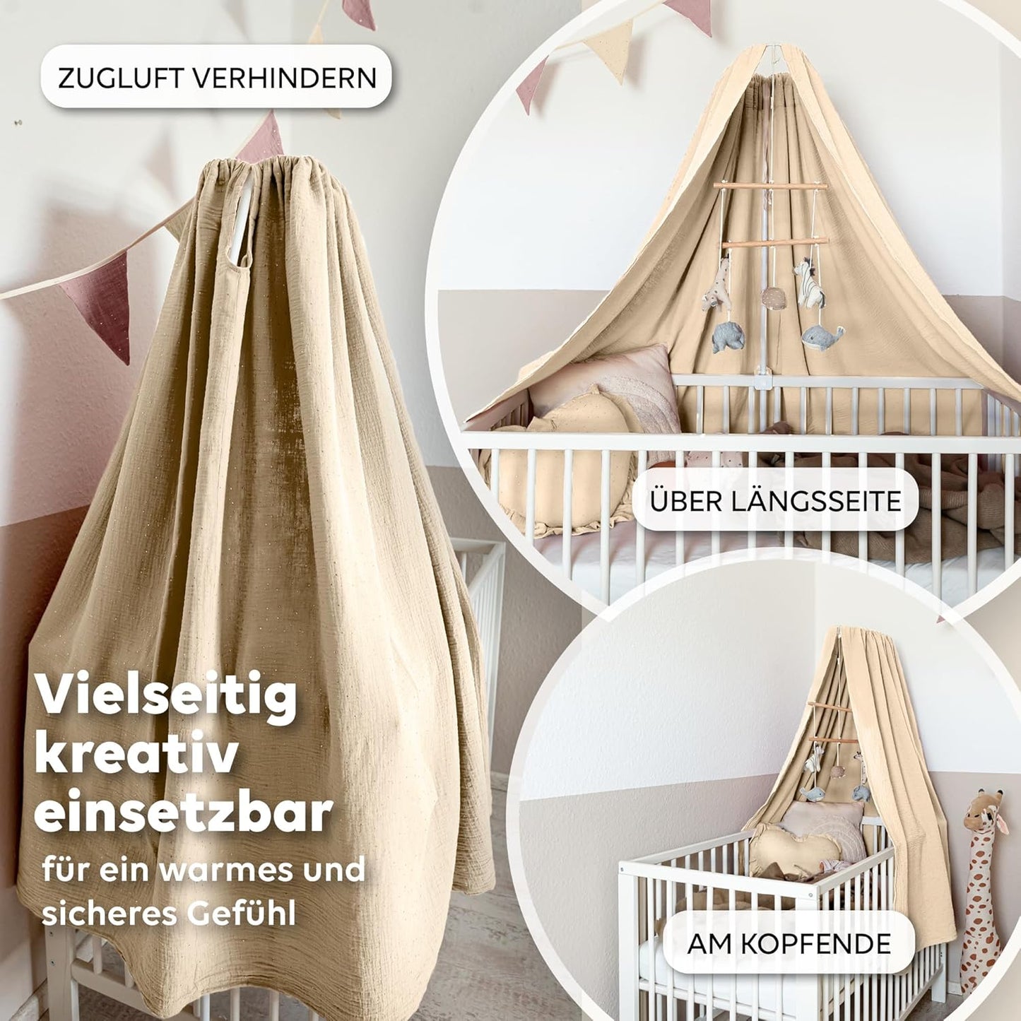 Betthimmel aus Baumwolle, Creme mit Gold ohne Himmelstange