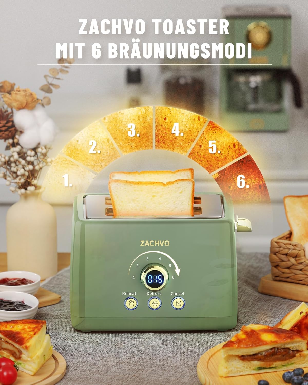 2 Scheiben Toaster mit Brötchenaufsatz und LED-Display, Grün