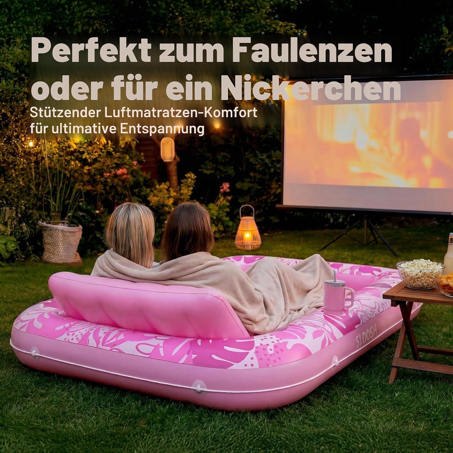 Aufblasbarer 4-in-1 Sonnenliegepool mit Kissen und Getränkehalter, Zartrosa XL