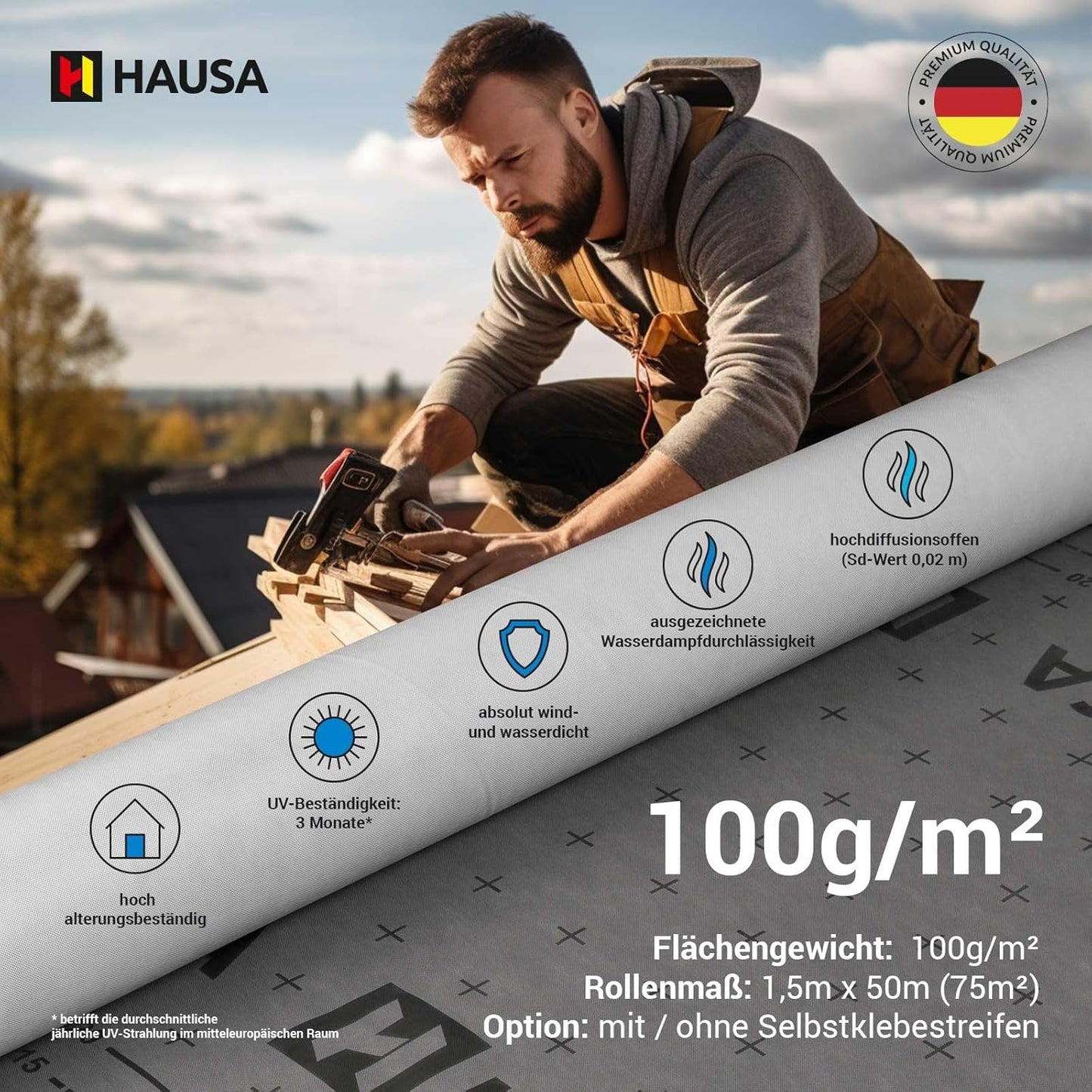 Unterspannbahn mit Selbstklebestreifen für 75m², Mit 2 Selbstklebestreifen 75m²