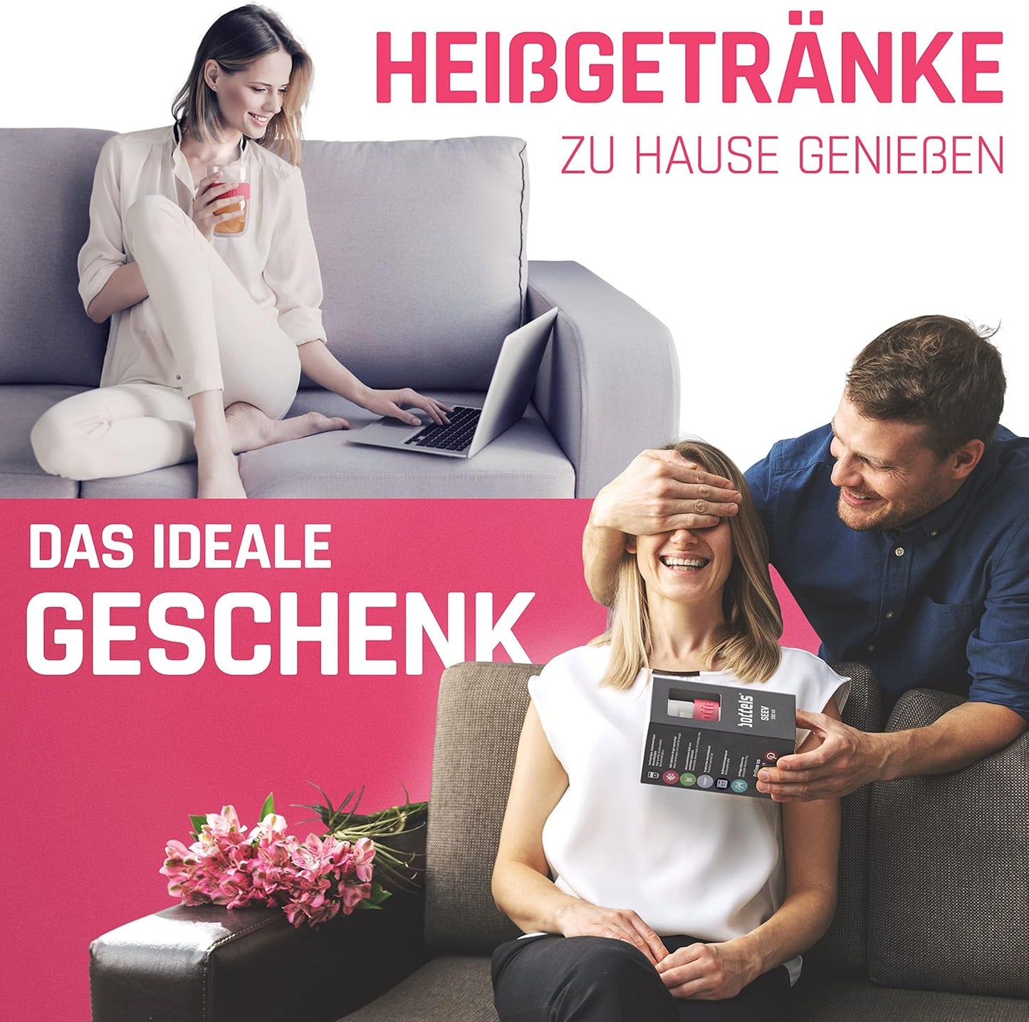 Teeglas mit Sieb und Deckel, Himbeerrot