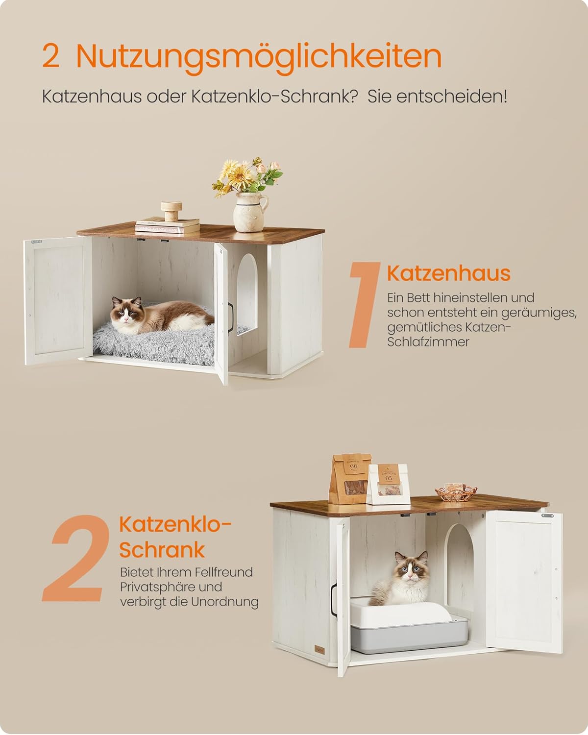 Katzenhaus mit integriertem Katzenklo-Schrank, Honigbraun + Vintageweiss