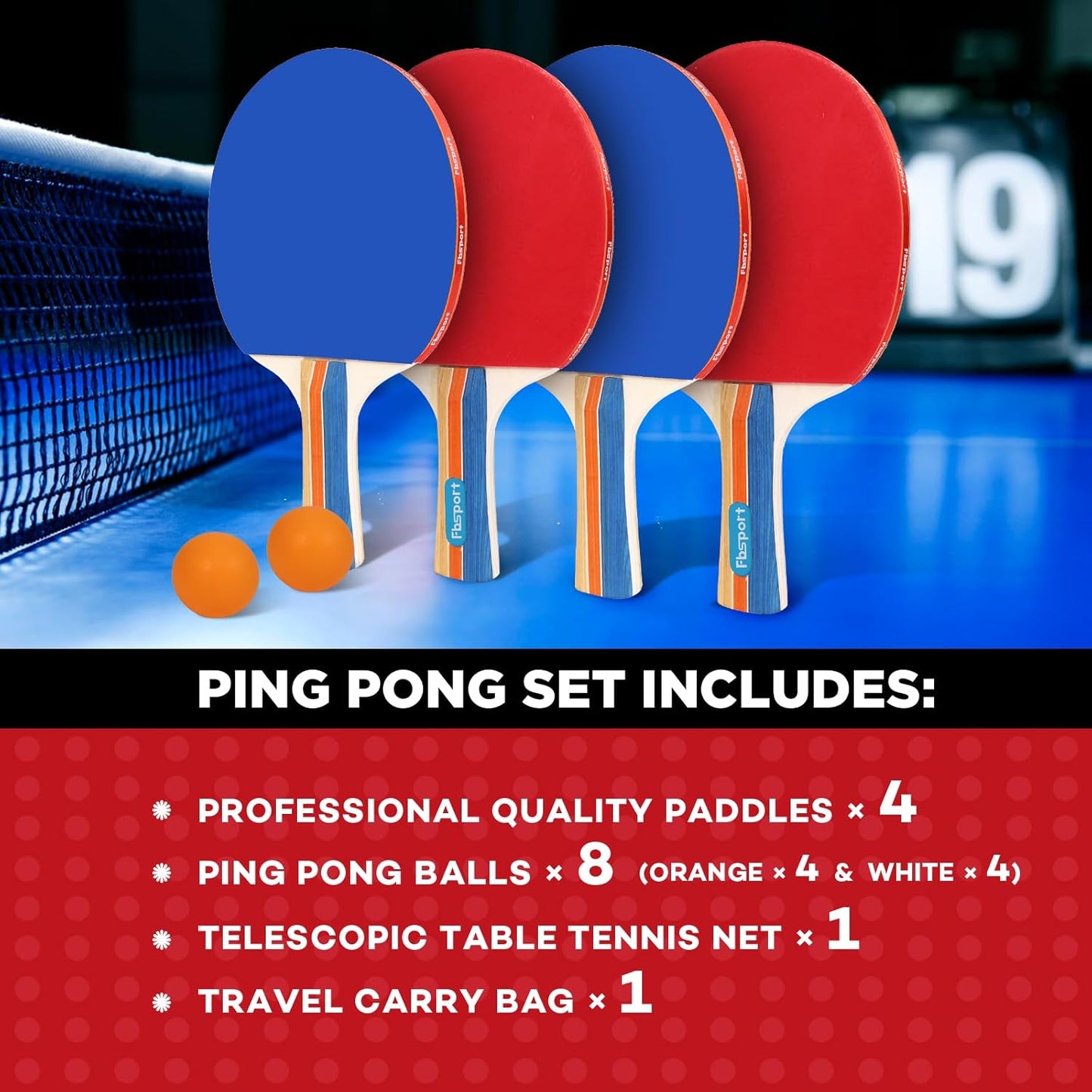 Tischtennis Set mit 4 Schläger & Netz, Rot + Blau