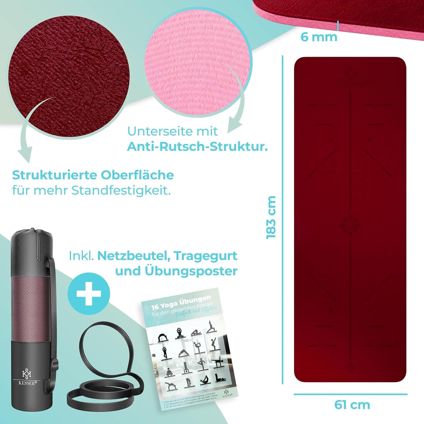 Yogamatte mit Tragegurt, Bordeaux