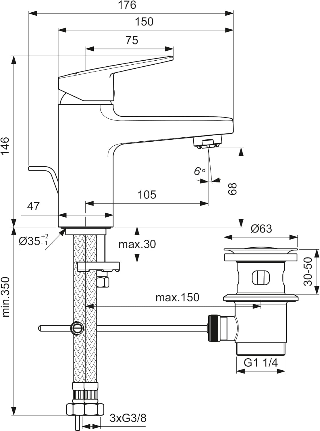 Ceraplan Waschtischarmatur, Auslaufhöhe 73mm Niederdruck