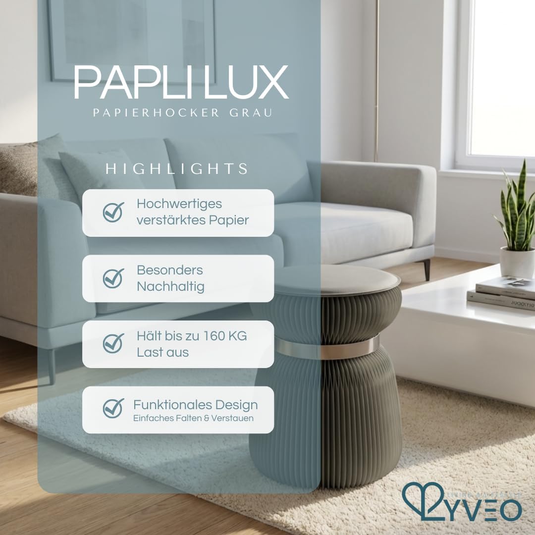 Papierhocker Papli Lux mit 180 Lamellen, Grau mit Silbernem Band