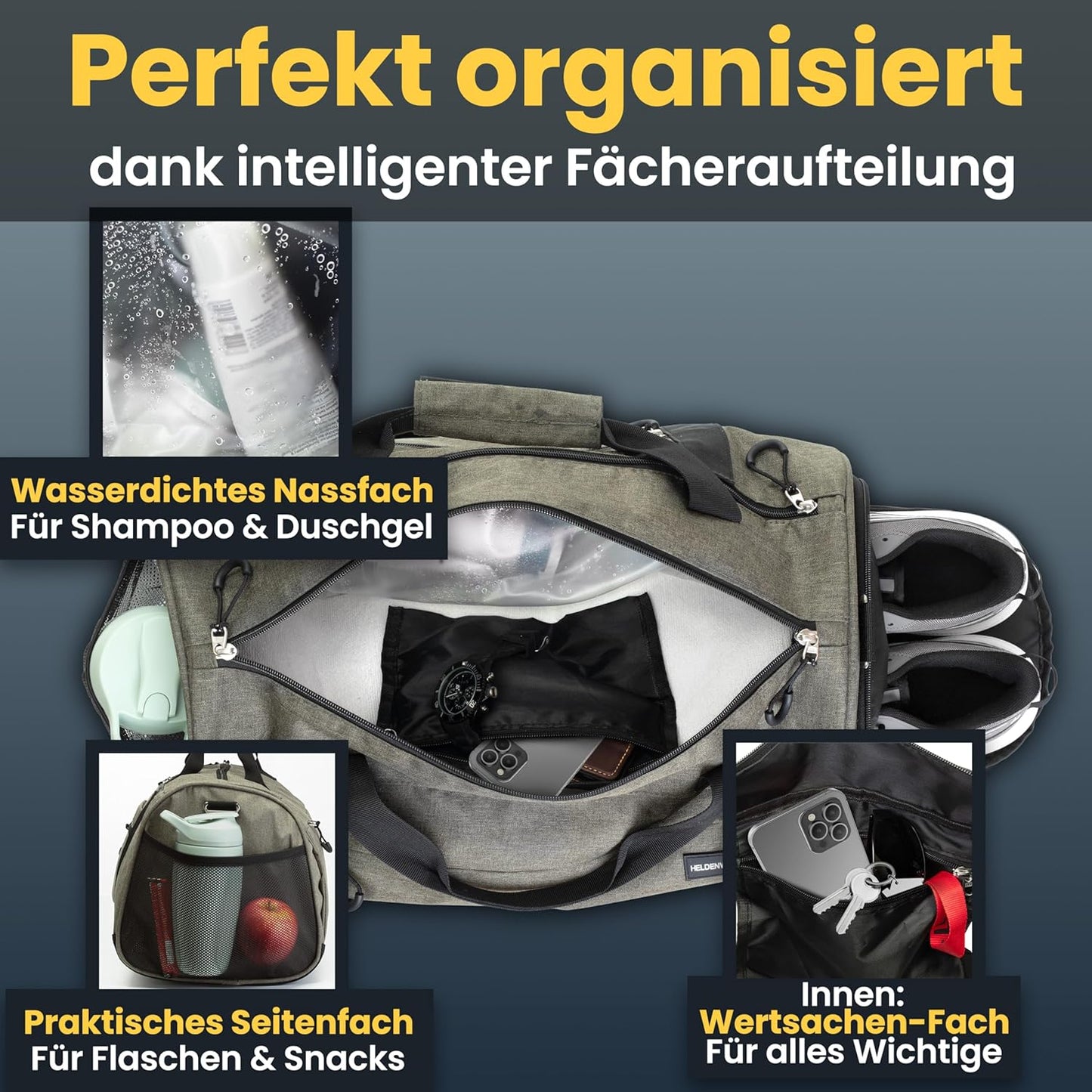 Sport- und Reisetasche mit Schuh- und Nassfach, Grün 48 x 26 x 25 cm (Small 30L)