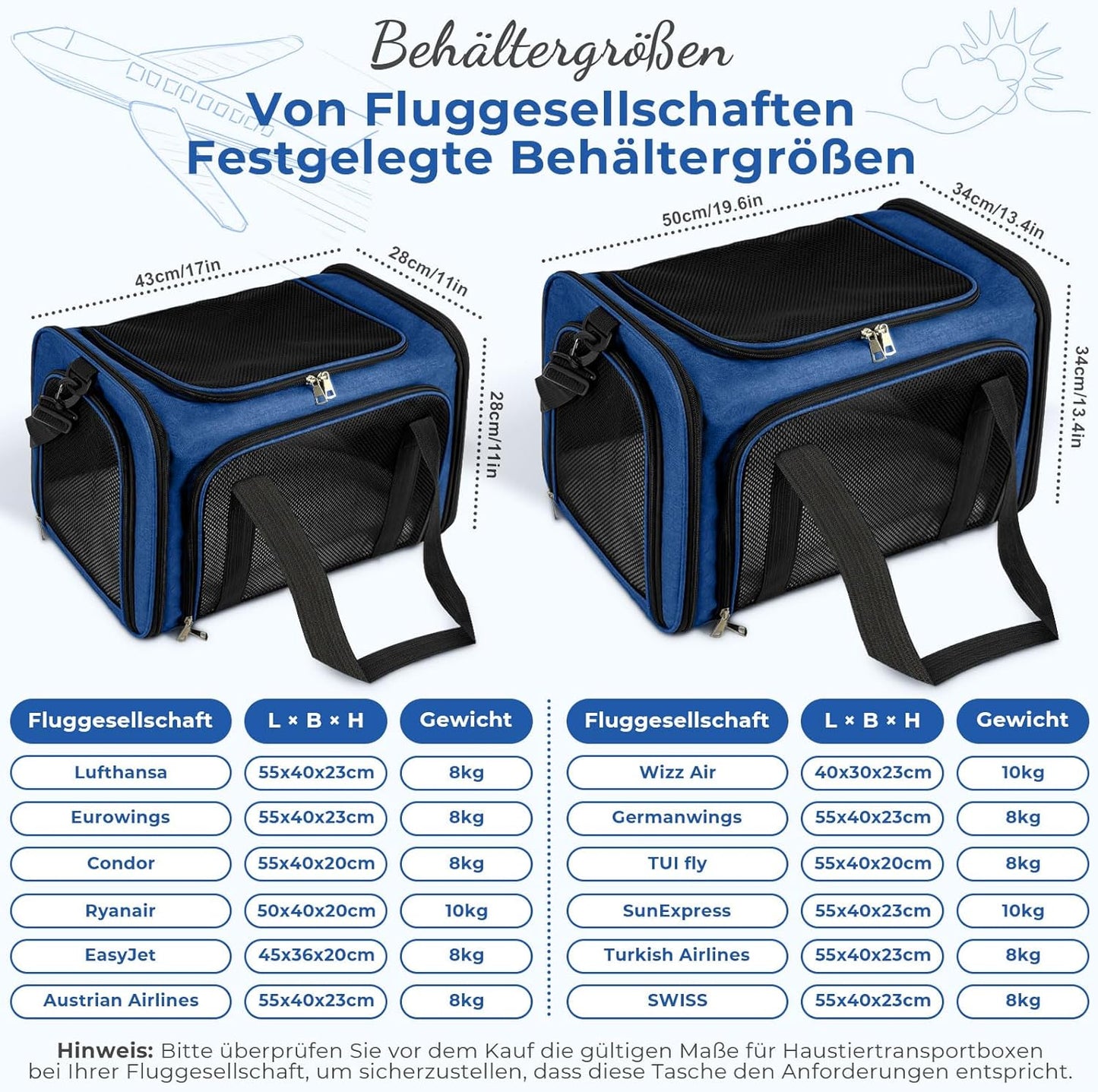 Faltbare Transporttasche für Katzen und Hunde bis 8 kg, Dunkelblau L 50 x B 34 x H 34 cm