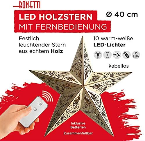 LED Holzstern mit Fernbedienung, 40cm Blätter-optik