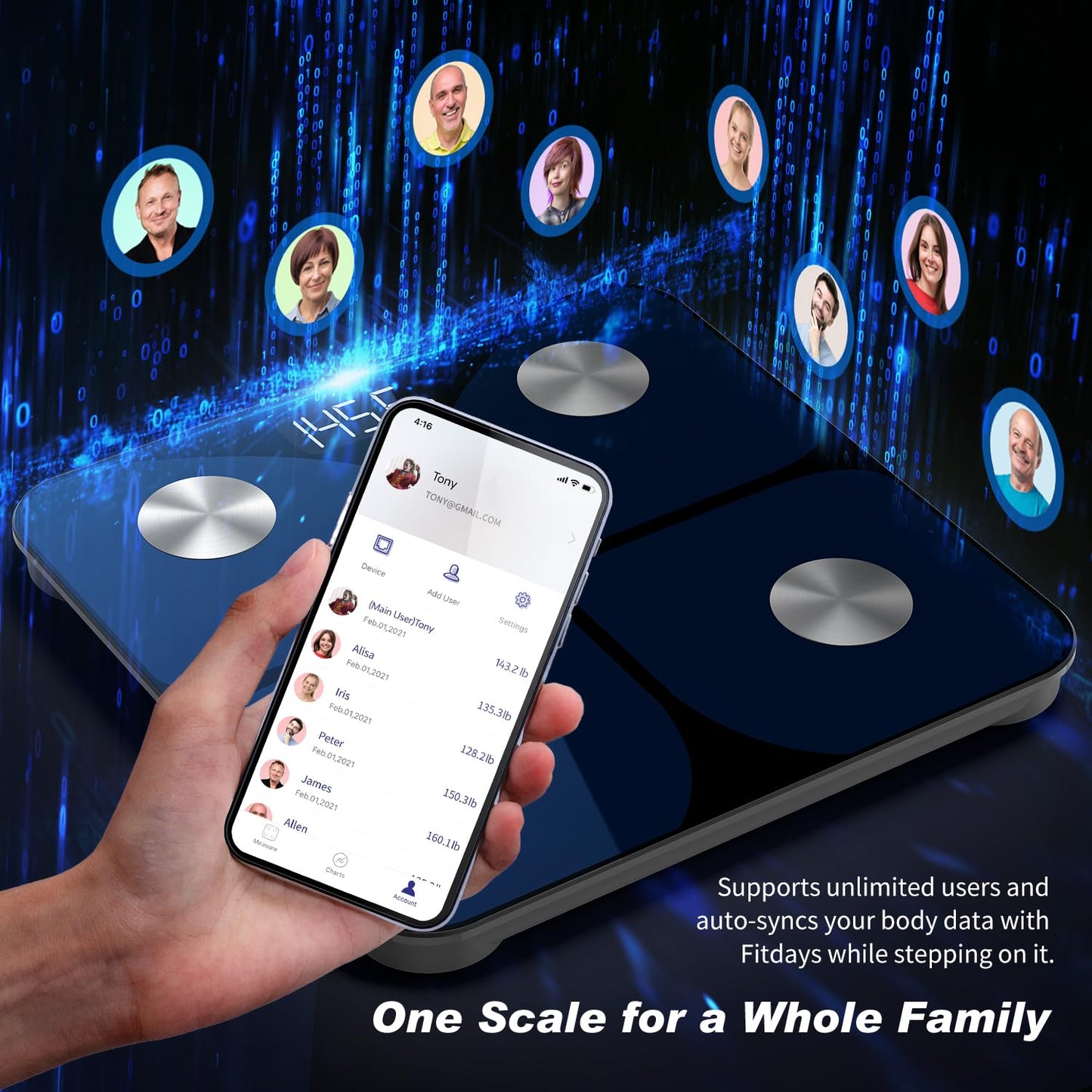 Körperfettwaage mit App und Bluetooth-Funktion, Blau 26*26cm