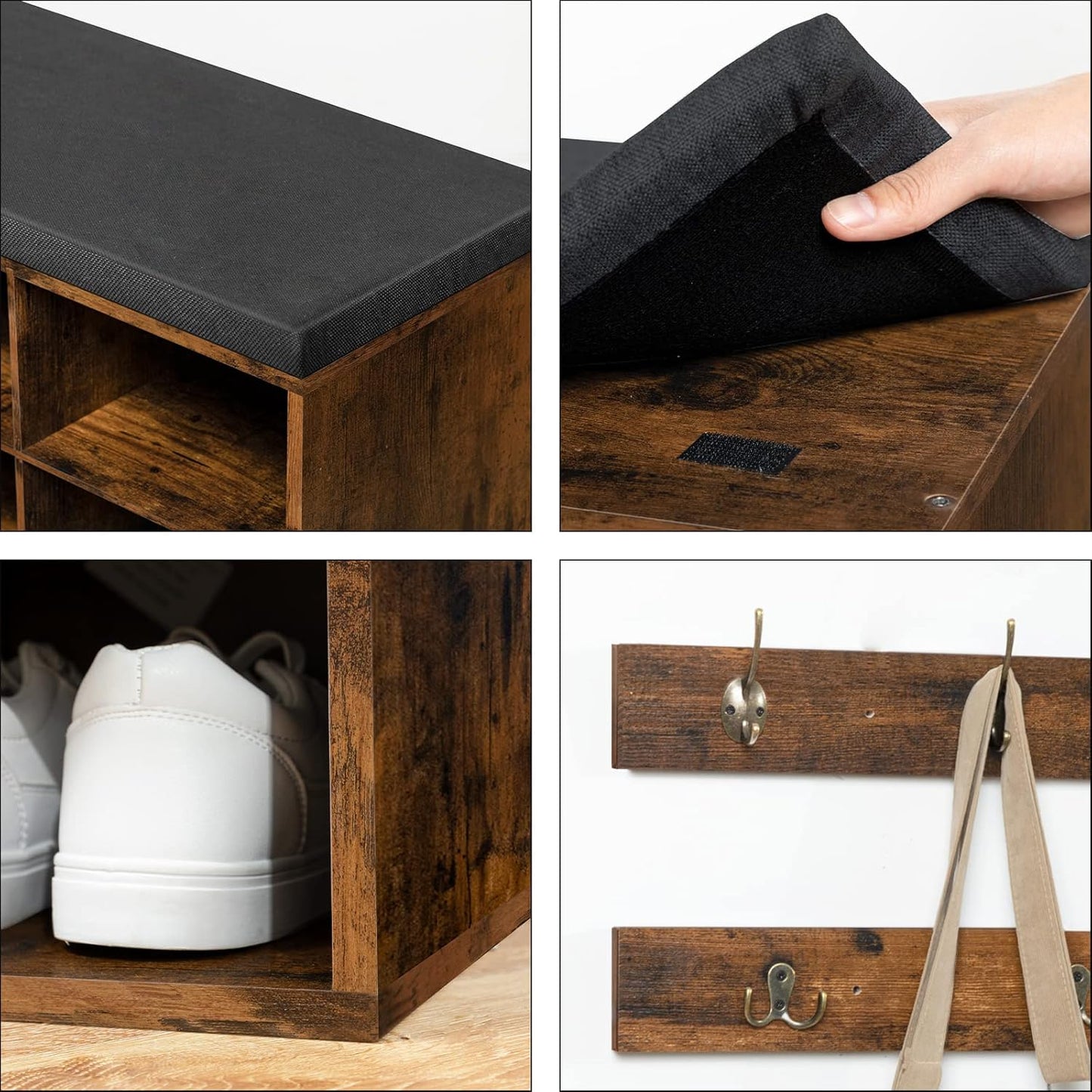 Garderobe und Schuhregal-Set mit Sitzbank und Haken, Vintagebraun + Braun 100 cm x 30 cm x 48 cm