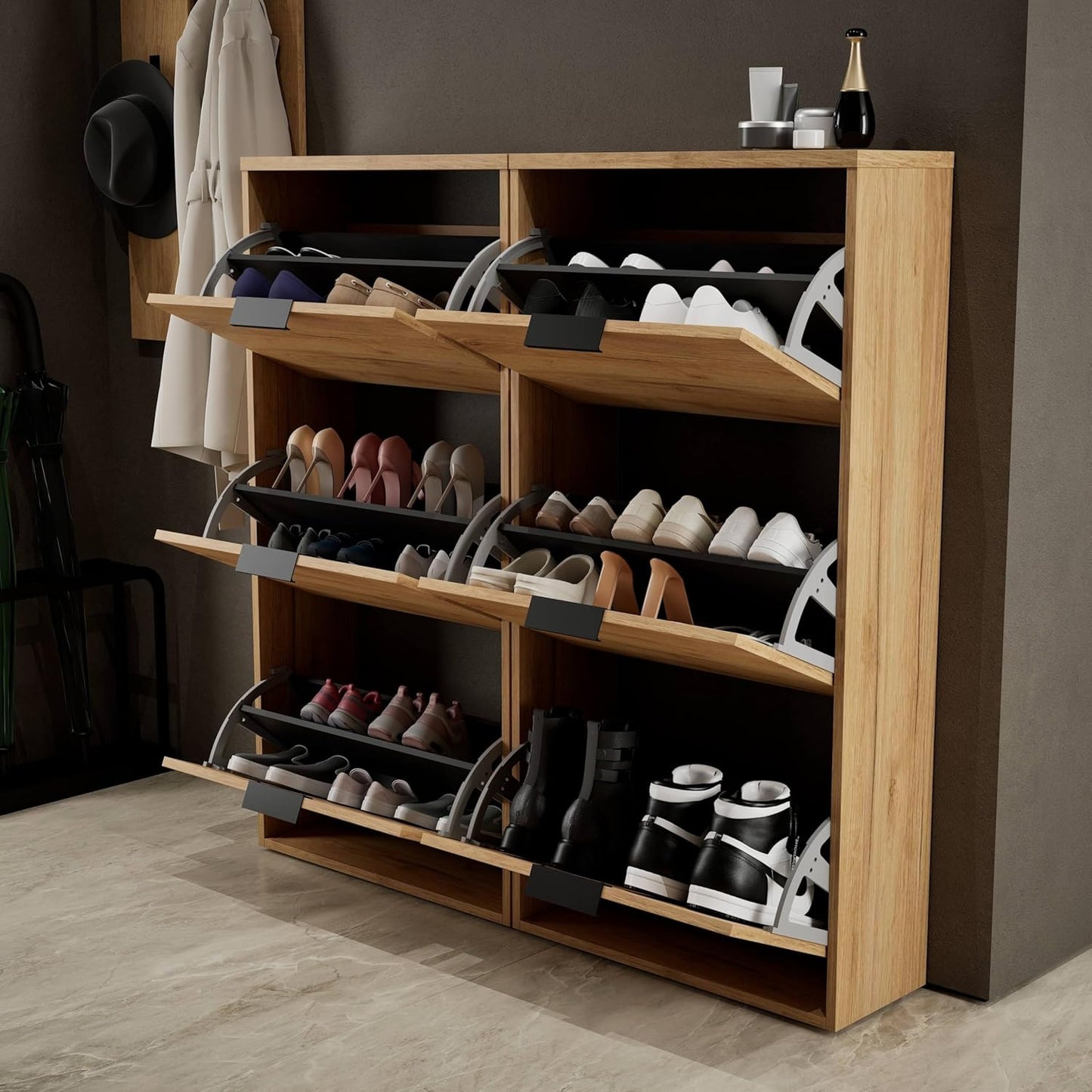 Schuhschrank-Set mit 3 Klappen (2 Stück), 2x 3 Klappen Gold Eiche