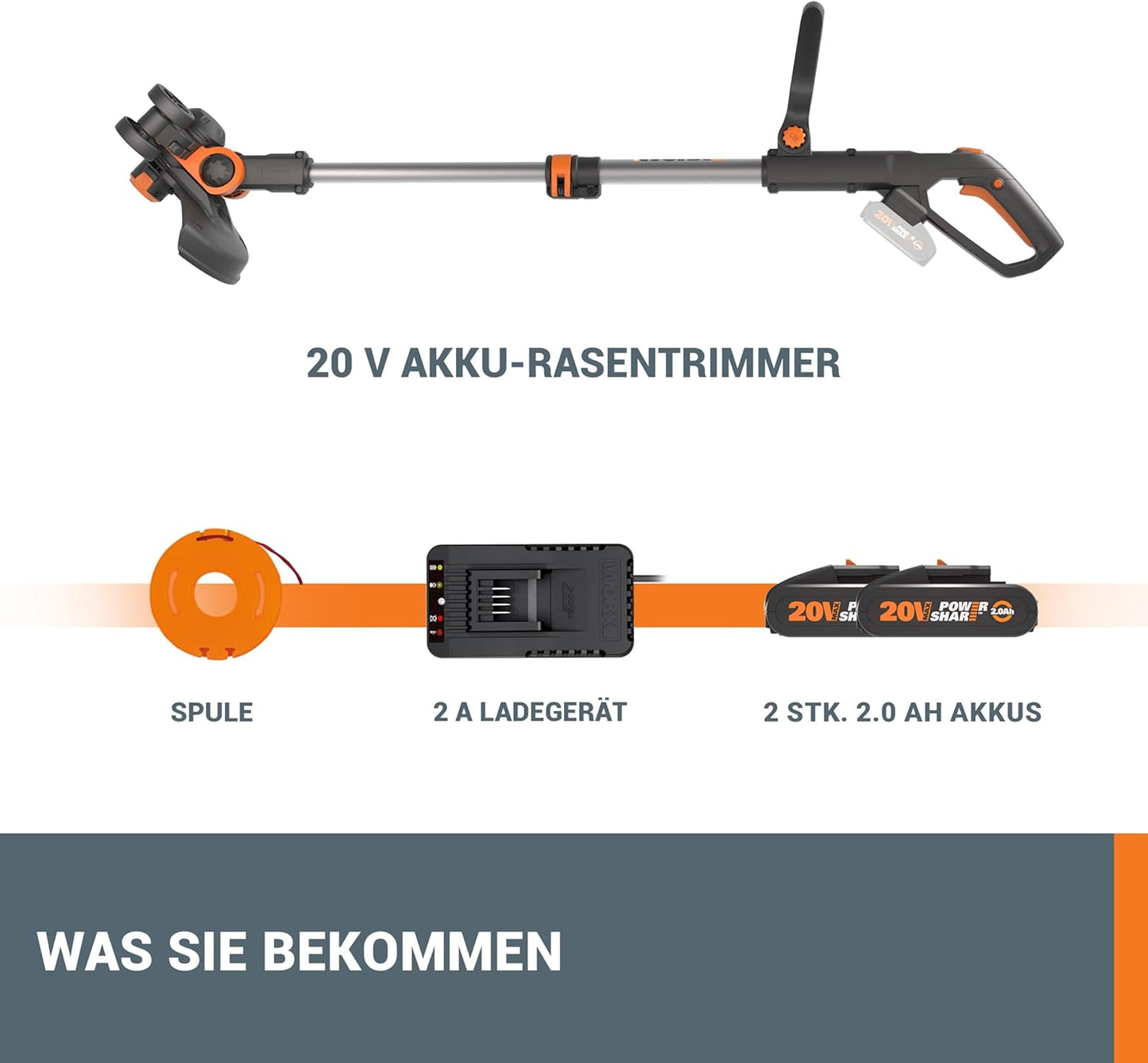 WG163E Akku-Rasentrimmer und Kantenschneider inkl. 2x 2Ah Akkus & Ladegerät, inkl. 2 x 2Ah Akkus & Ladegerät