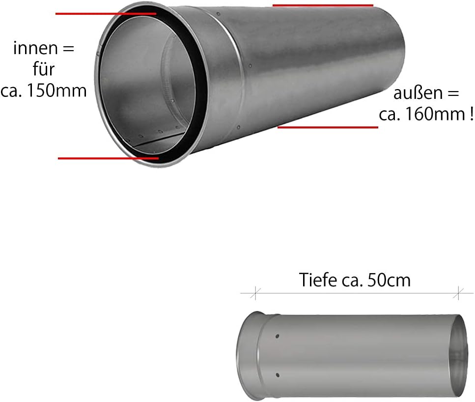Doppelwandfutter Rauchrohr 150 mm, Doppelwandfutter 50cm kürzbar Unlackiert