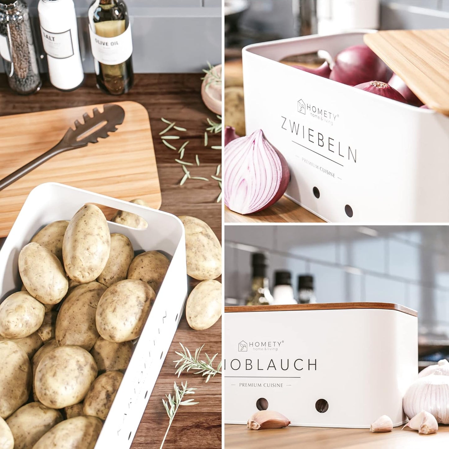 Kartoffel, Zwiebel & Knoblauch Aufbewahrungsboxen-Set (3-teilig), Weiss