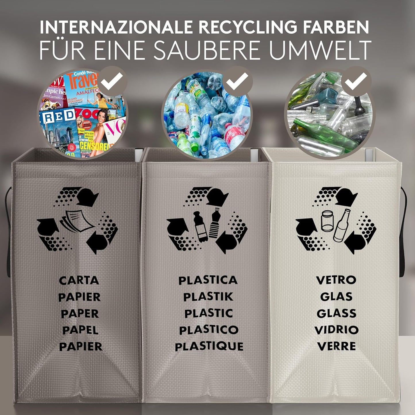 Mülltrennsystem - Taschen für Papier, Glas und Plastik, Grey Edition|Medio