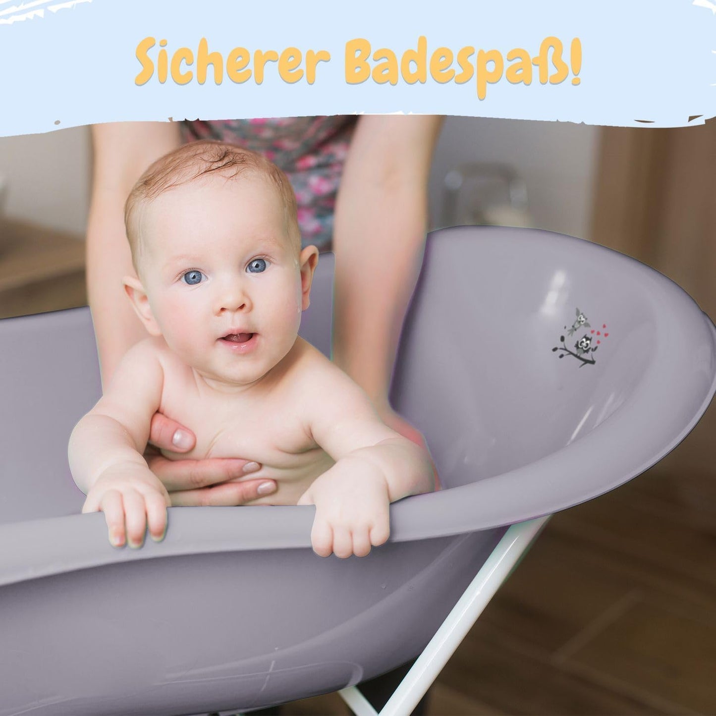 Babybadewannen-Set mit Ständer, 5 - Set Eule - grau