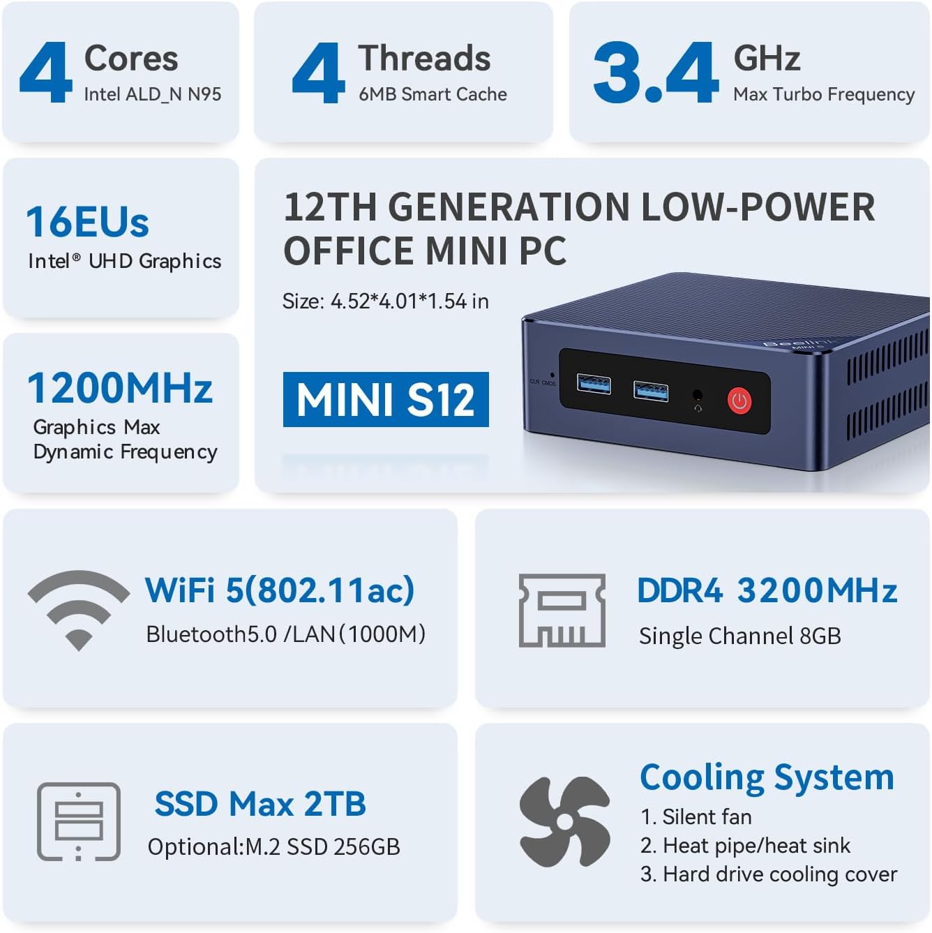 Mini PC S12 mit Intel N95 Prozessor, 16GB RAM, 500GB SSD, N95 16+500G