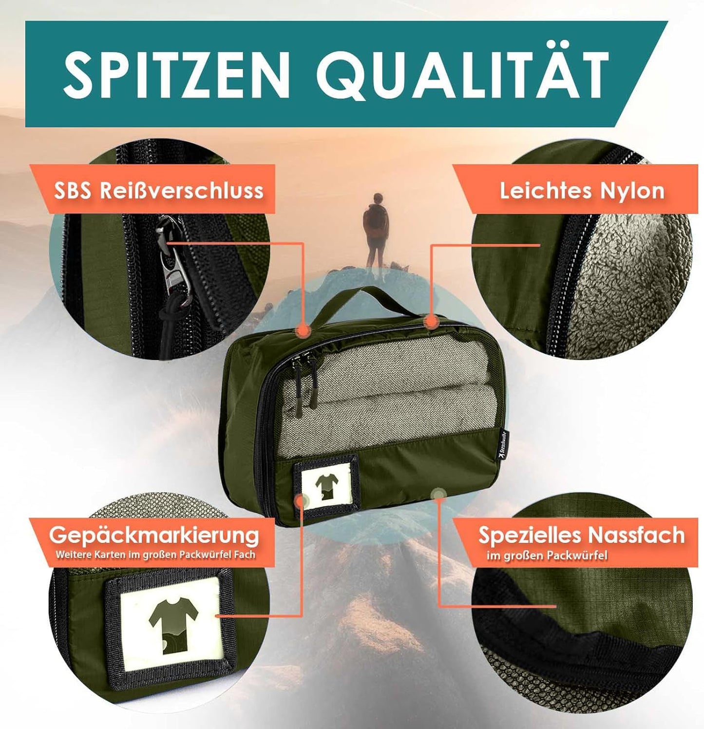 6-teiliges Packwürfel-Set mit Kompression, Olivgrün 6-teiliges Set