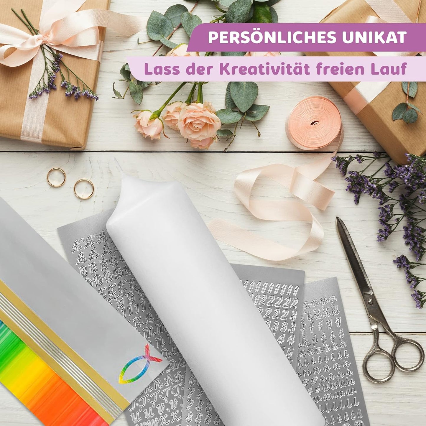 Taufkerze Bastelset mit Wachsmotiven und Buchstaben, Regenbogen Gold | Silber mit Fisch Kerze 25x7 cm | Weiss