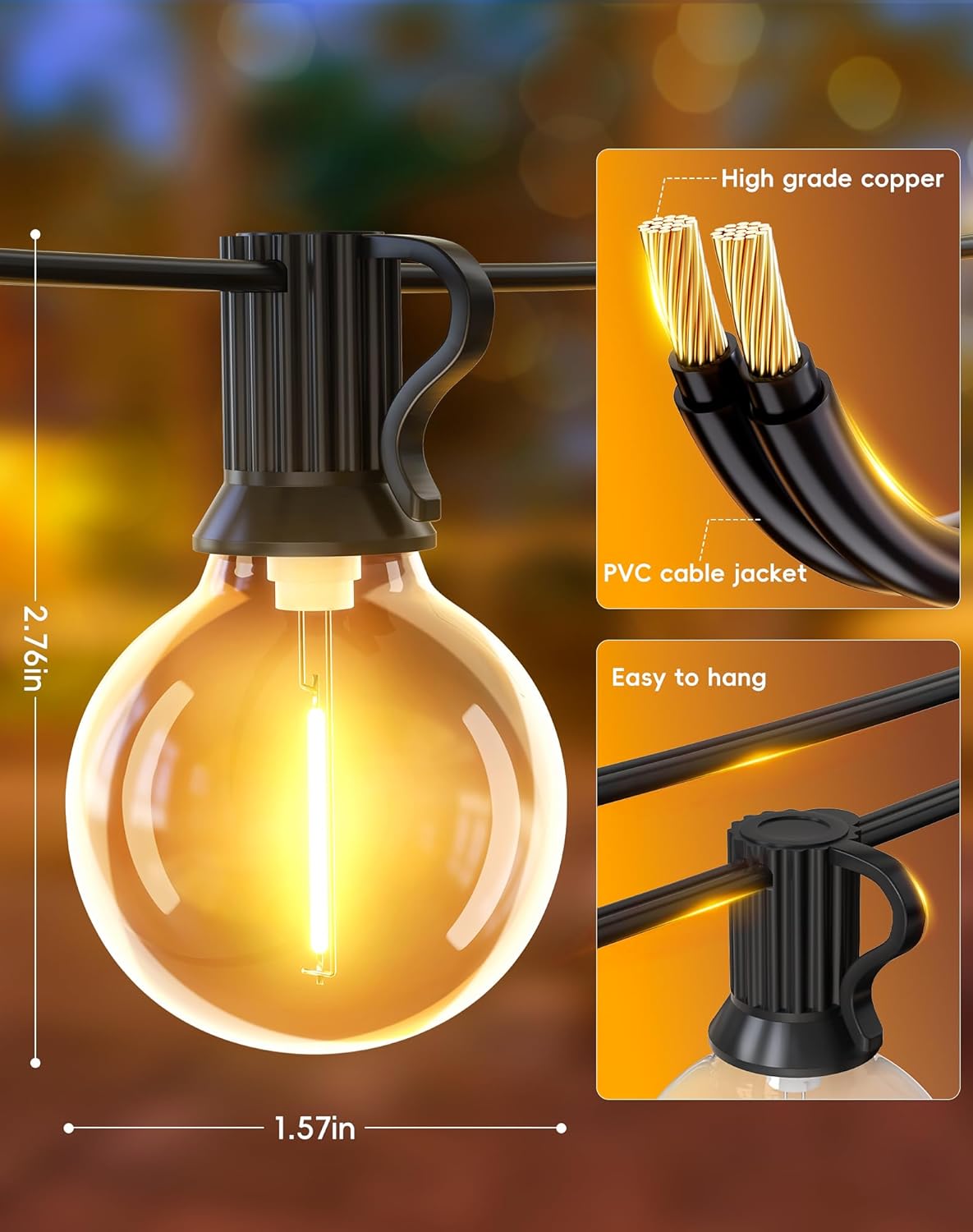 Erweiterbare LED Lichterkette mit G40 Glühbirnen, 15M/50FT