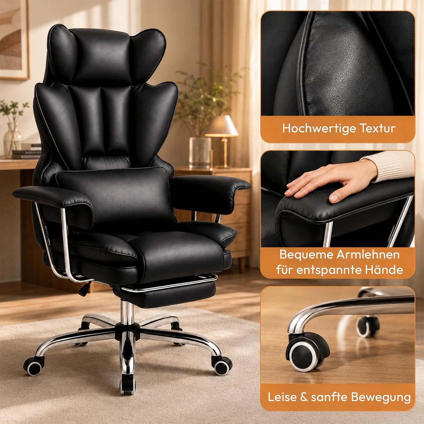 Ergonomischer Bürostuhl mit verstellbarer Lendenstütze, Schwarz