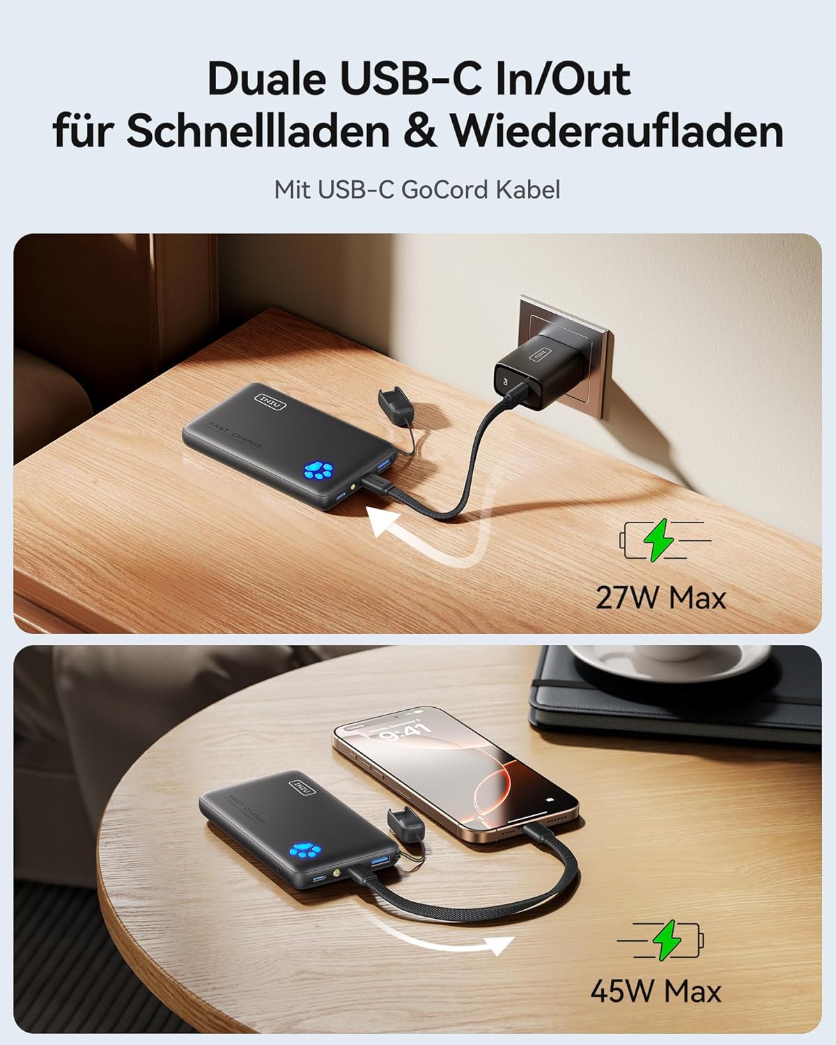 Powerbank P41 mit PD3.0 und Taschenlampe, Beige