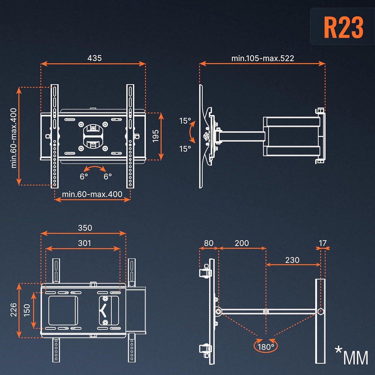 Schwenkbare TV Wandhalterung R23-S, 31-65 Zoll, neigbar, TV Wandhalterung R23-S