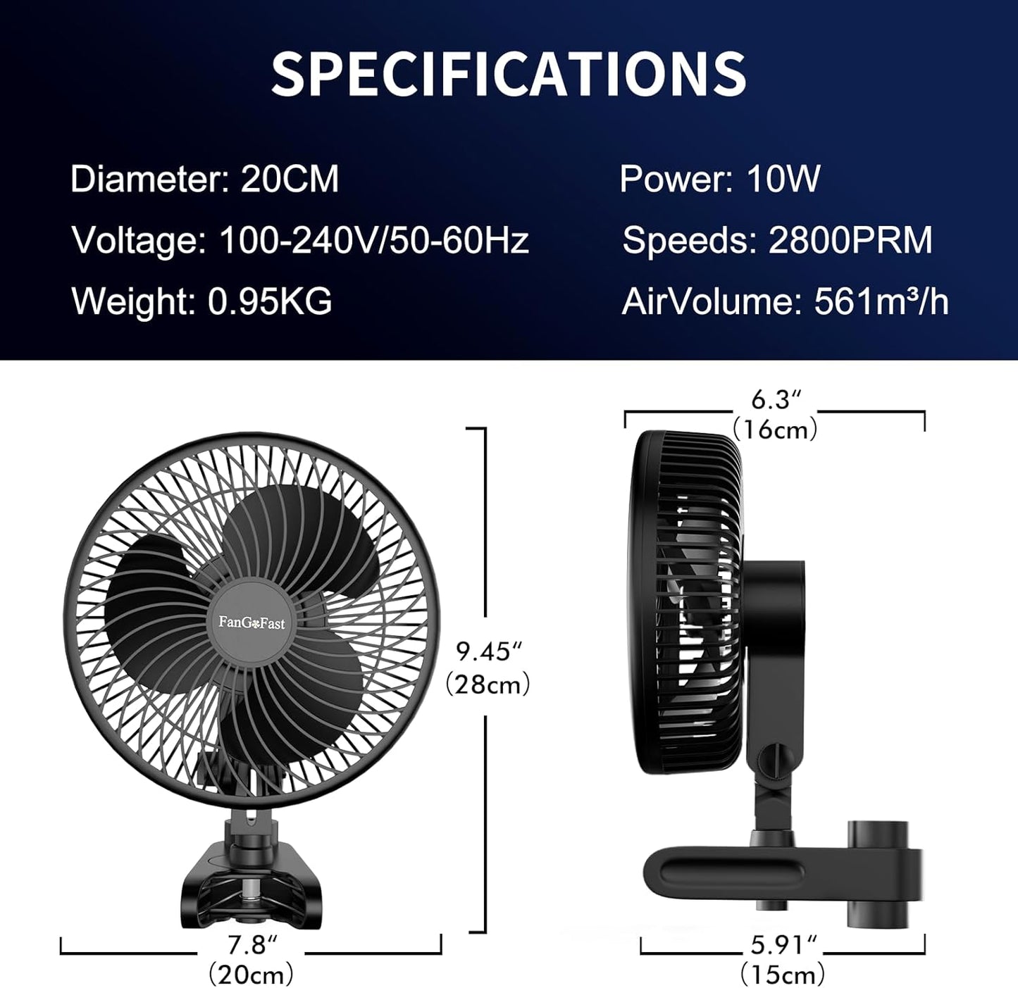 Grow Ventilator mit Clip, 10 Geschwindigkeitsstufen, Schwarz