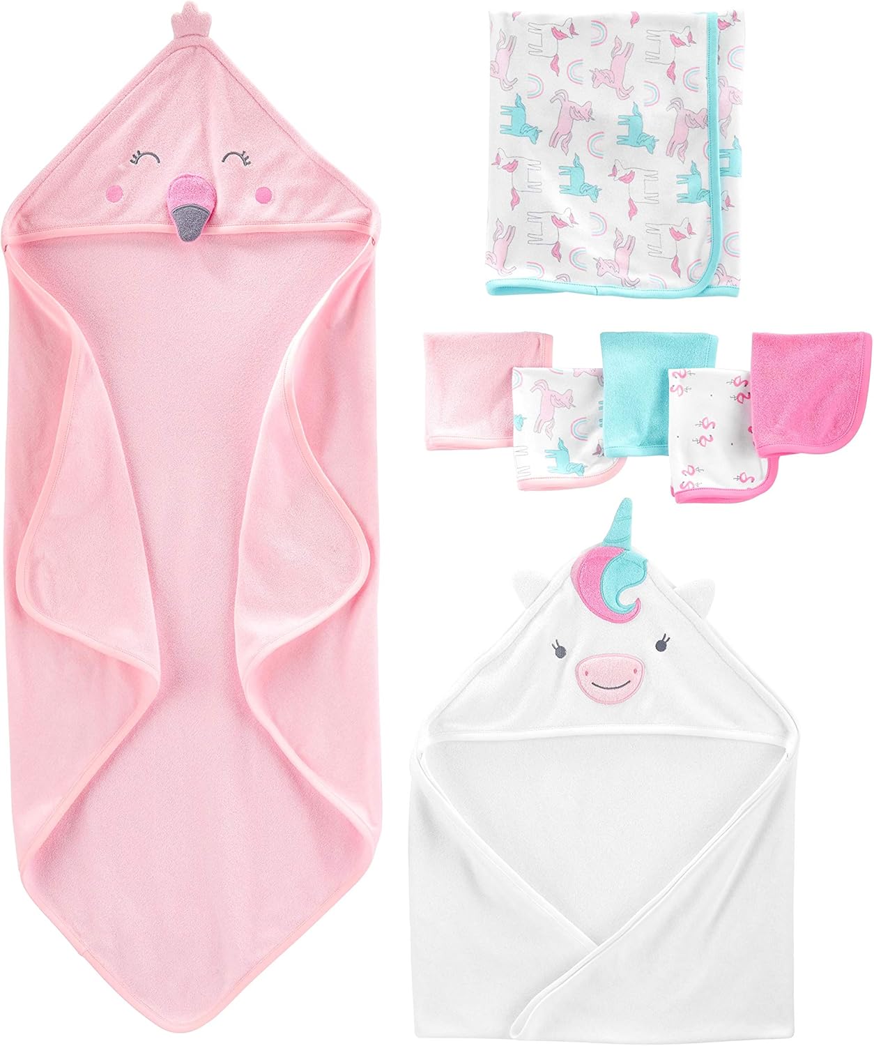 8-teiliges Baby Handtuch- und Waschlappen-Set, Flamingo- und Einhorn-Design, Einheitsgröße Rosa Flamingo/Weiß Einhorn