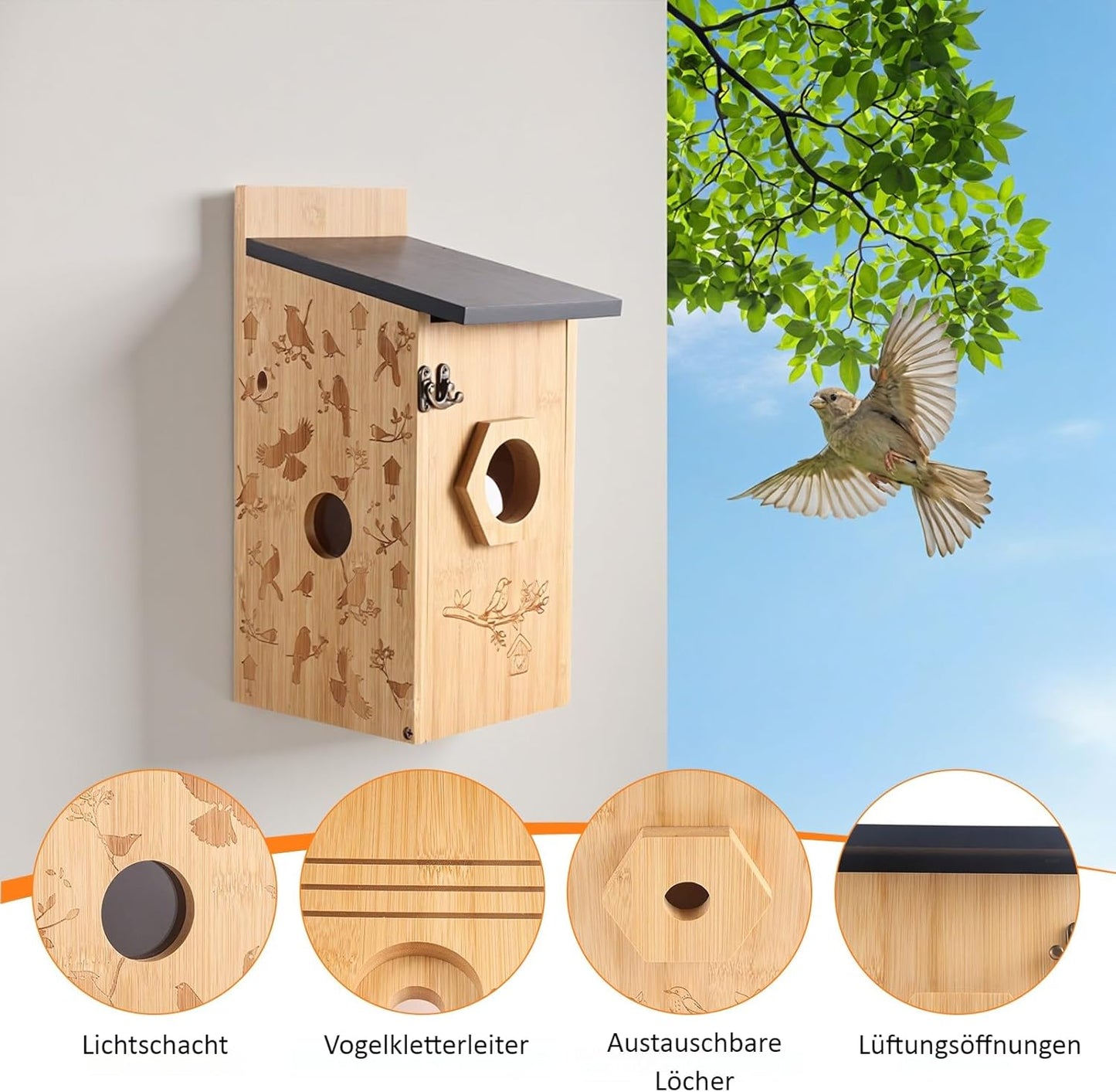 Nistkasten mit Kamera & Solar, Bambus Vogelhaus Solar Kamera