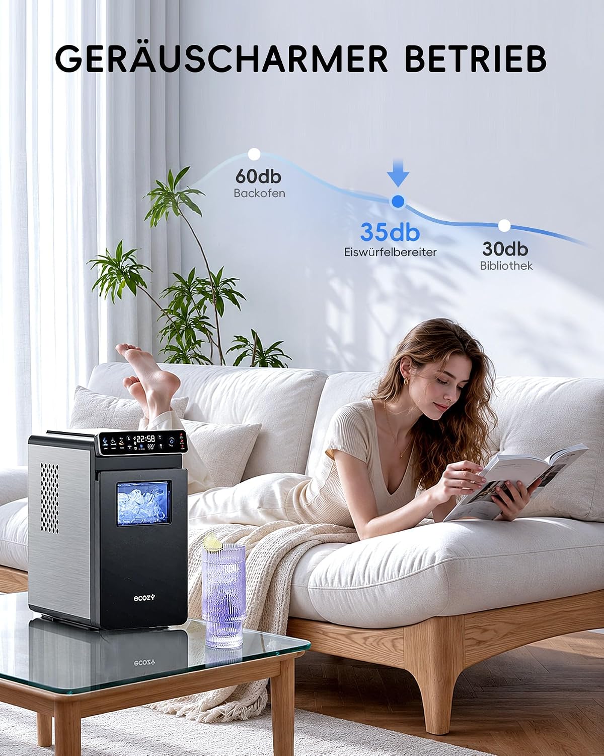 Tragbare Eiswürfelmaschine mit Timer und Reinigung, Schwarz