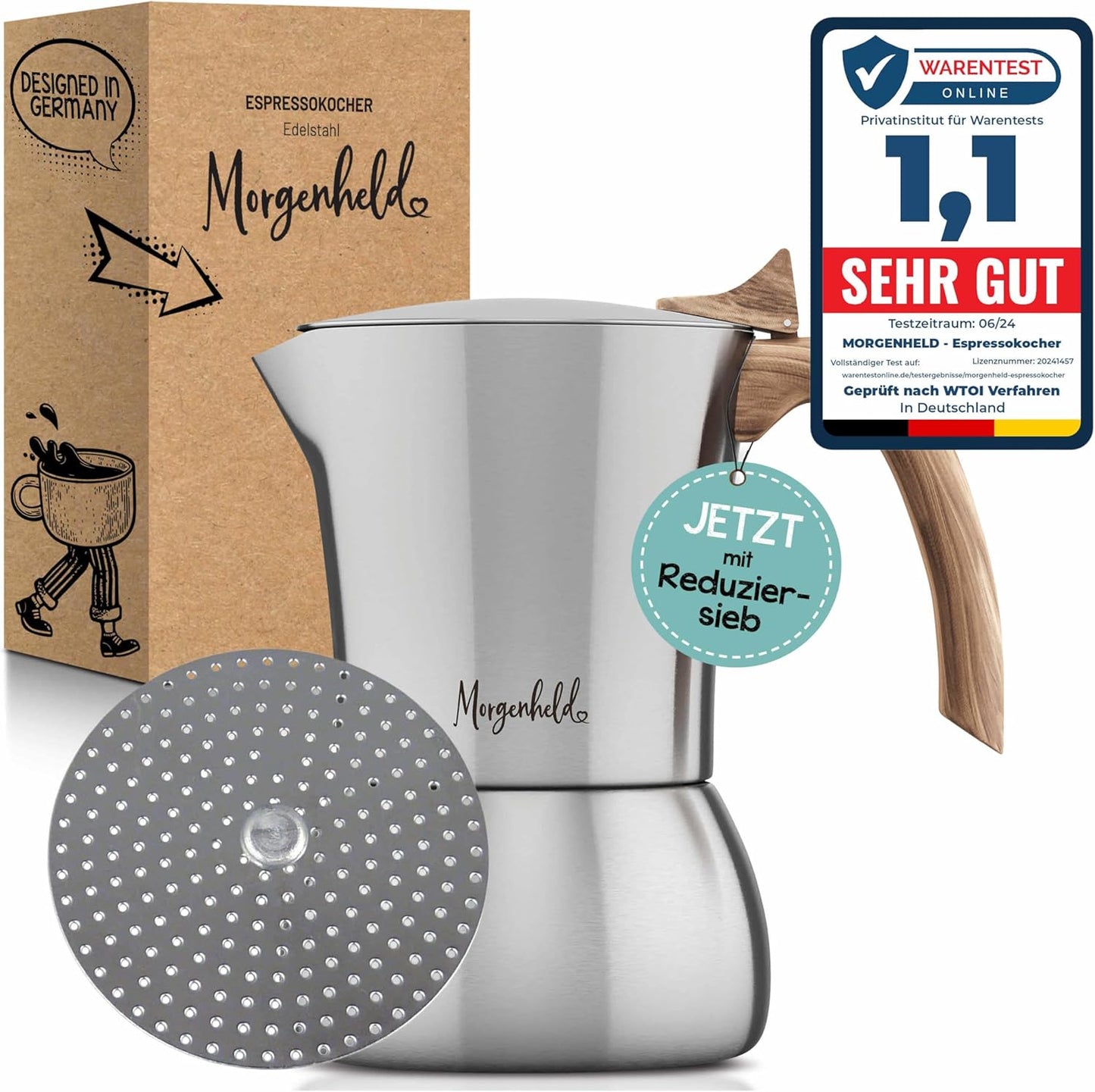 Flow Espressokocher mit Reduziersieb, Espressomaker FLOW 300ml + Sieb