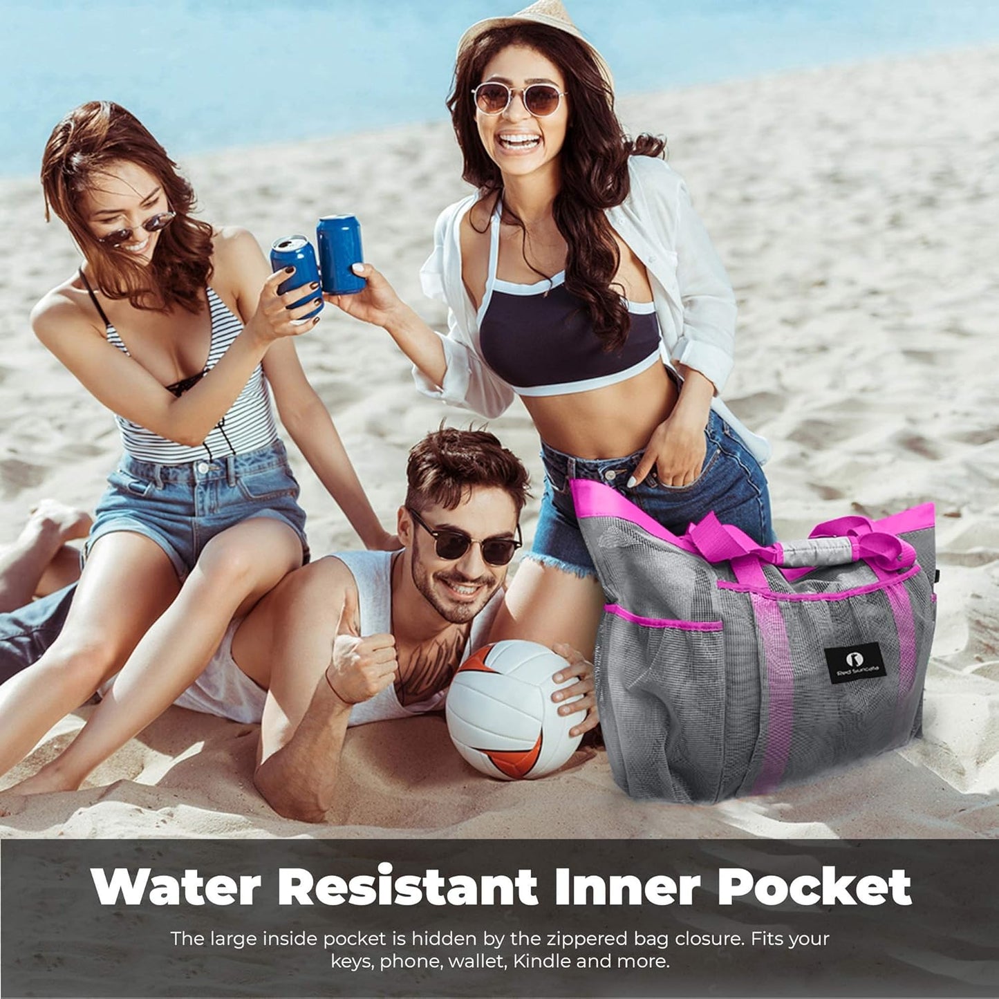 Netz-Strandtasche, Grau/Rosa