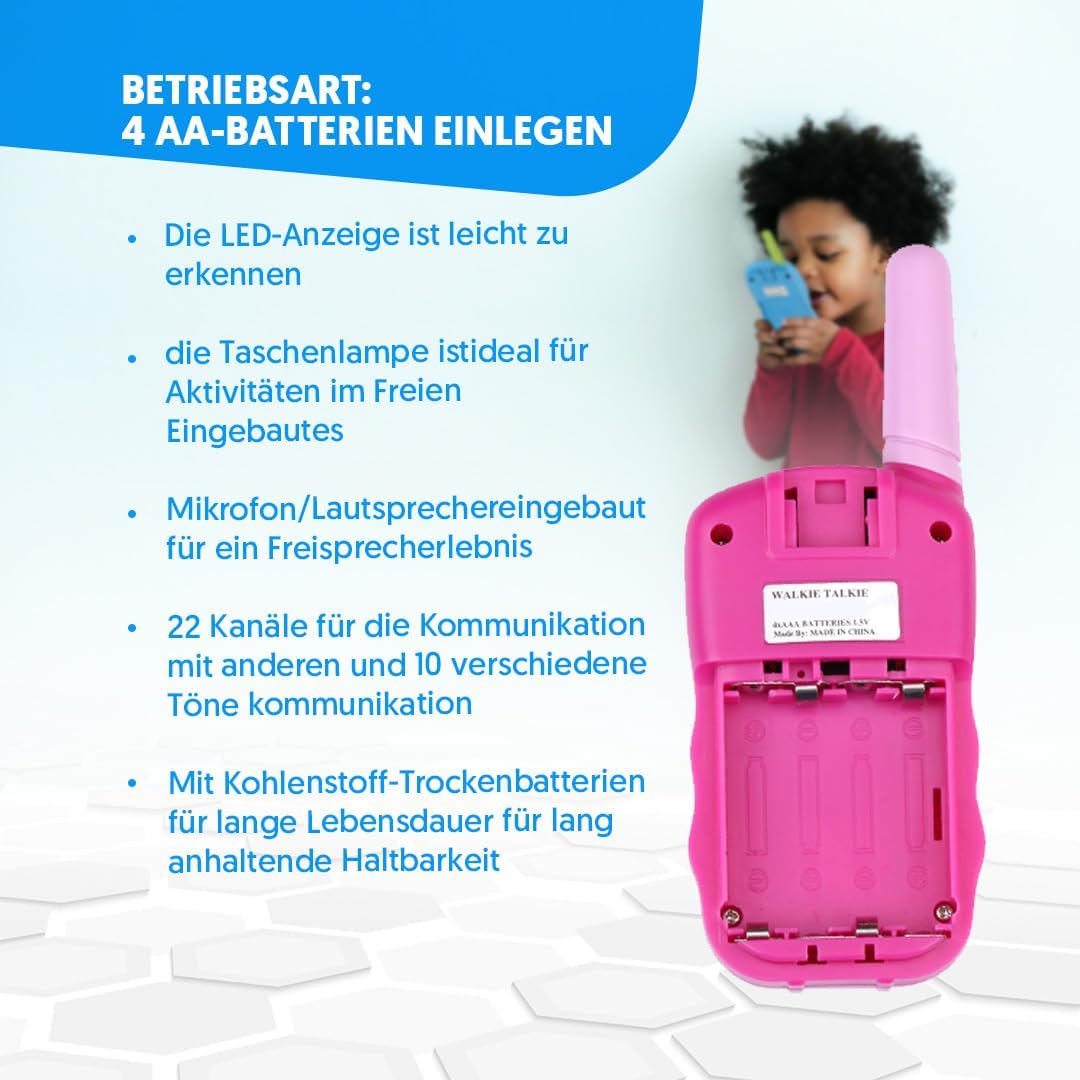 Walkie-Talkies für Kinder mit LED-Display und 22 Kanälen, Rosa